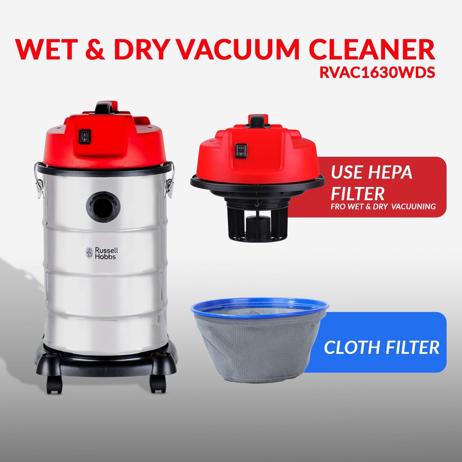 Russell Hobbs 1630W Wet & Dry Vacuum Cleaner with Integrated Blower Function (Stainless Steel Tank, Black & Red)_4
