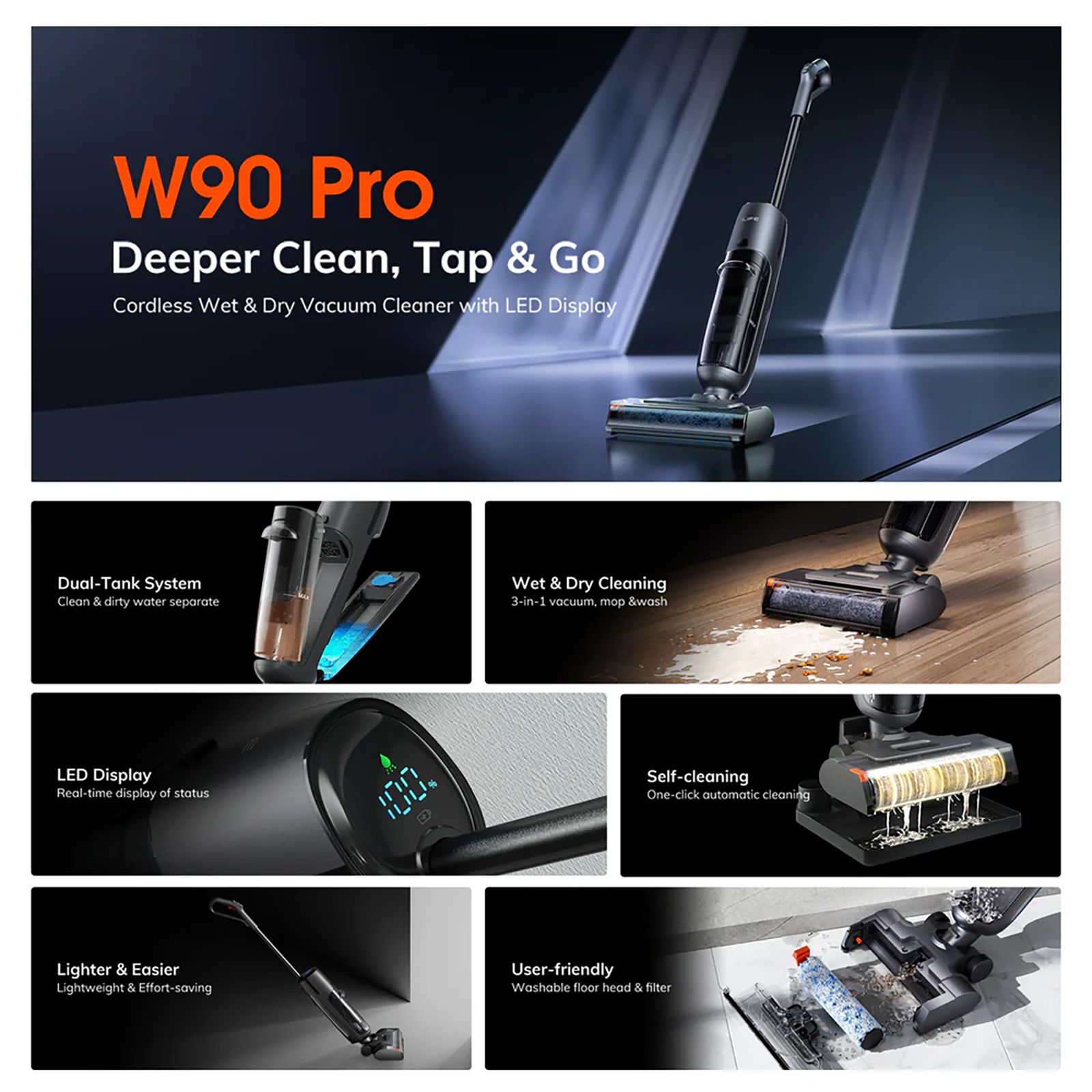 ILIFE W90 Pro 150W Cordless Wet & Dry Vacuum Cleaner with One Click Self Cleaning (LED Display, Gray) ILIFE W90 Pro 150W Cordless Wet & Dry Vacuum Cleaner with One Click Self Cleaning (LED Display, Gray)_2