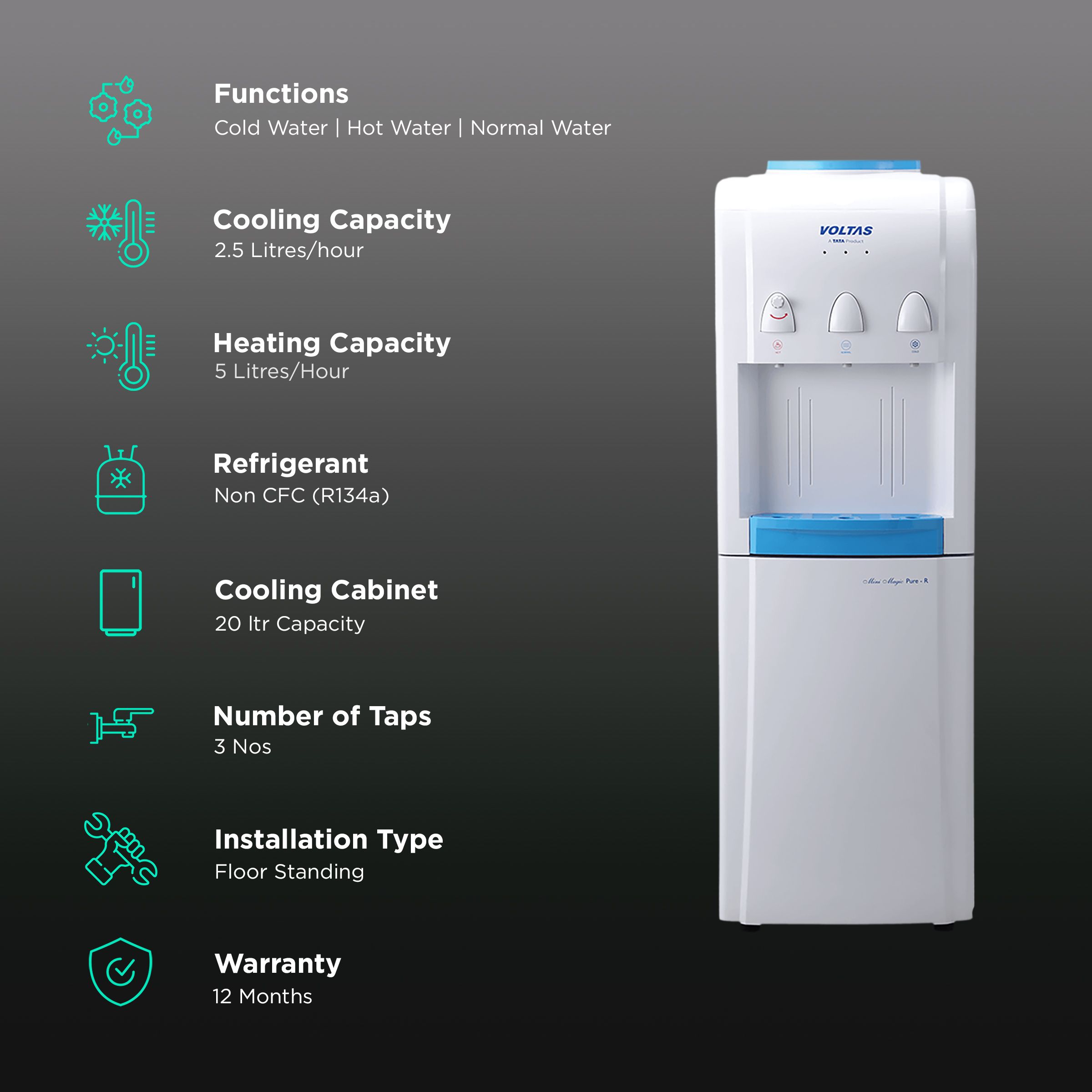 VOLTAS Minimagic Pure R Hot, Cold & Normal Top Load Water Dispenser with Cooling Cabinet (White) VOLTAS Minimagic Pure R Hot, Cold & Normal Top Load Water Dispenser with Cooling Cabinet (White)_3