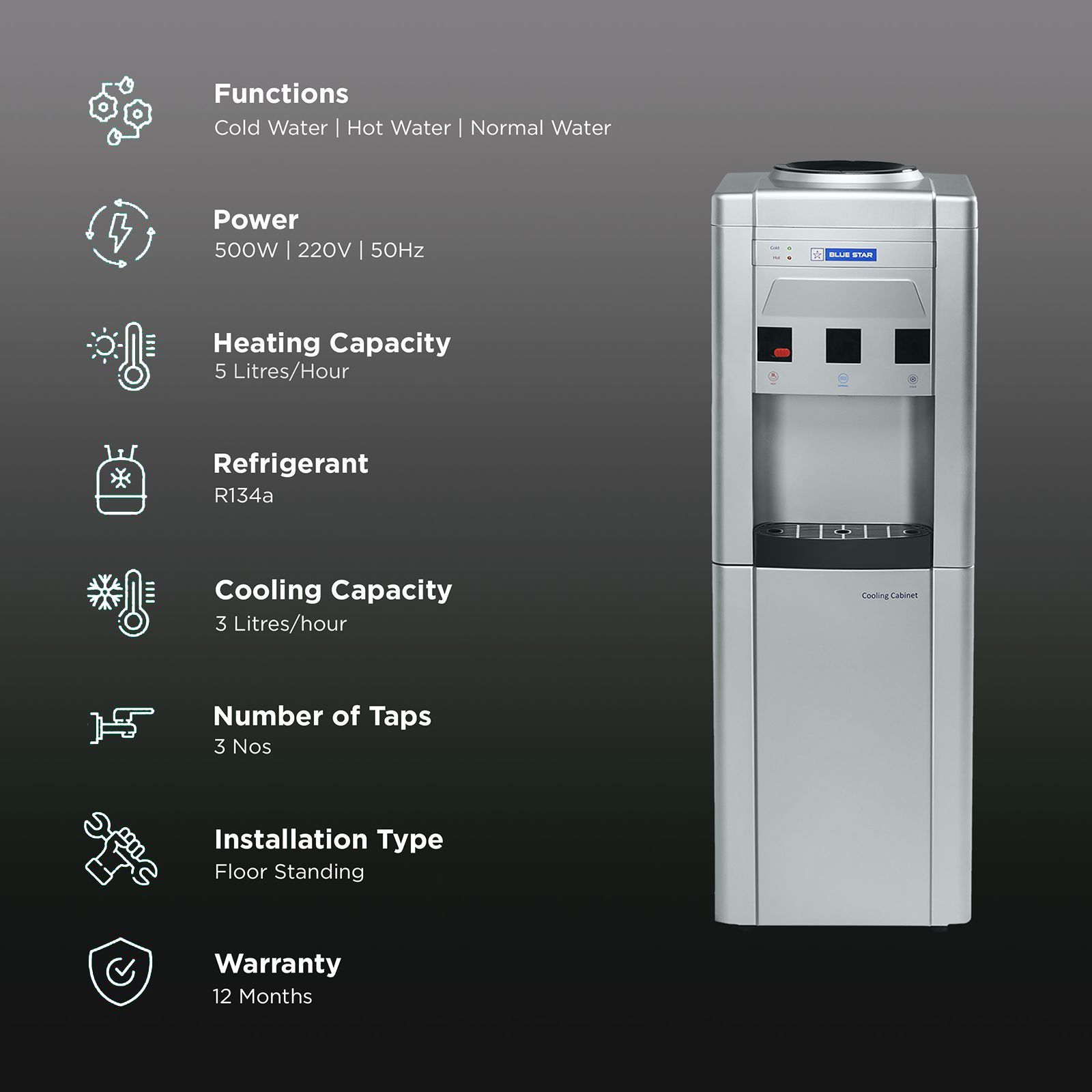 Blue Star GA Series Hot, Cold & Normal Top Load Water Dispenser with Cooling Cabinet (Grey) Blue Star GA Series Hot, Cold & Normal Top Load Water Dispenser with Cooling Cabinet (Grey)_3