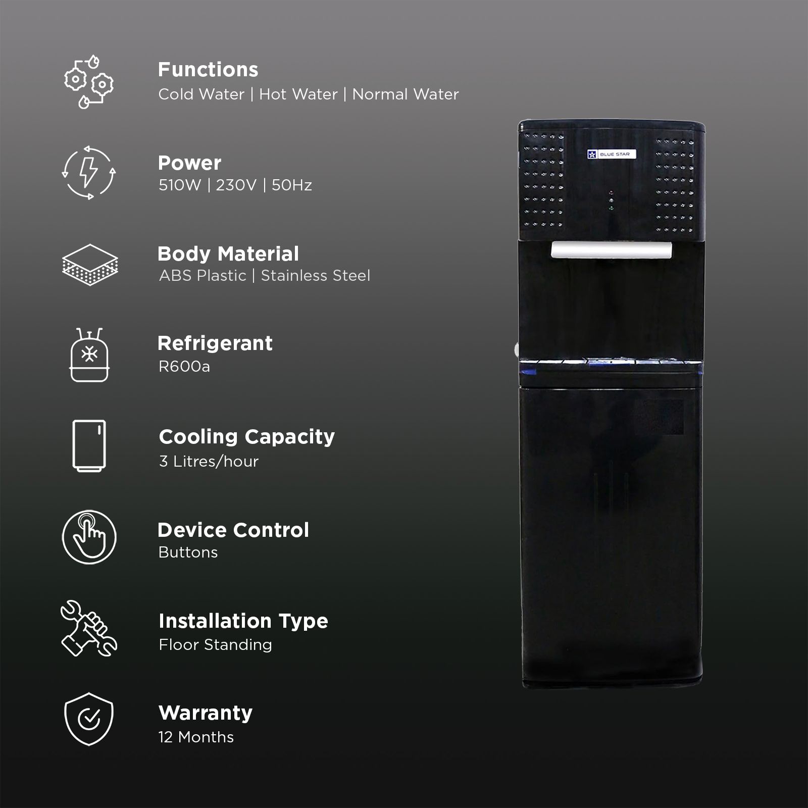 Blue Star GA Series Hot, Cold & Normal Bottom Load Water Dispenser with Cooling Cabinet (Black) Blue Star GA Series Hot, Cold & Normal Bottom Load Water Dispenser with Cooling Cabinet (Black)_3