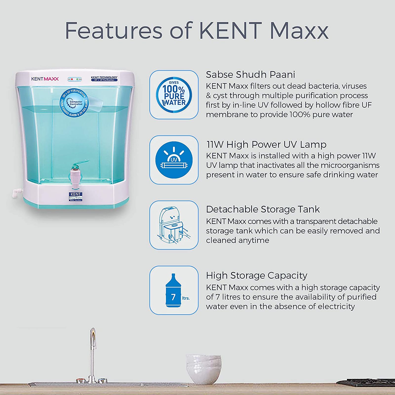KENT Maxx 7L UV + UF Water Purifier with Double Purification Process (White & Blue) KENT Maxx 7L UV + UF Water Purifier with Double Purification Process (White & Blue)_9