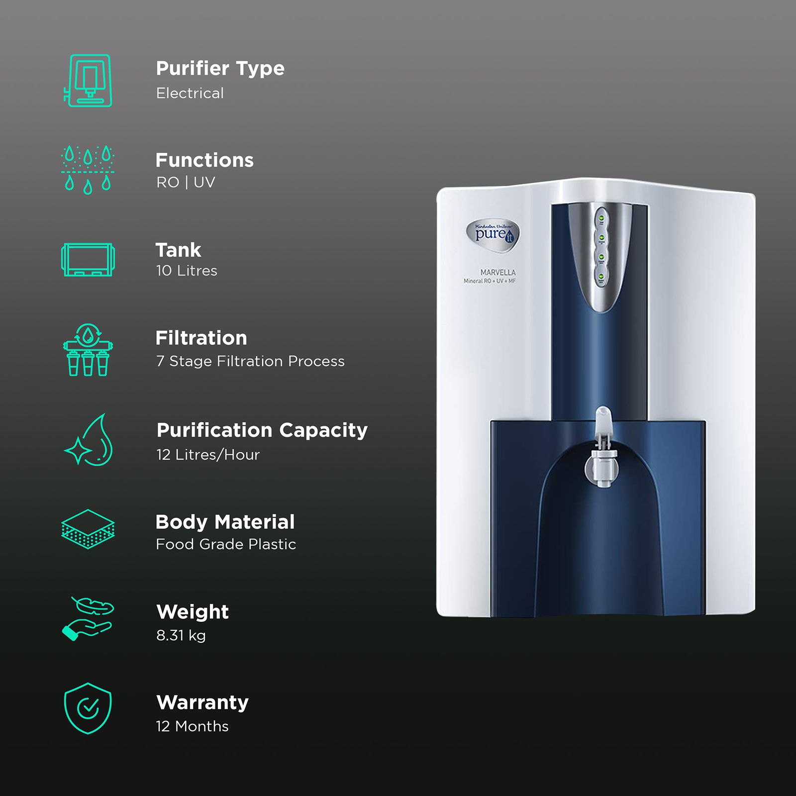 Hindustan Unilever Marvella 10L RO+UV Water Purifier with UV Sterilizing Indicator (White) Hindustan Unilever Marvella 10L RO+UV Water Purifier with UV Sterilizing Indicator (White)_2
