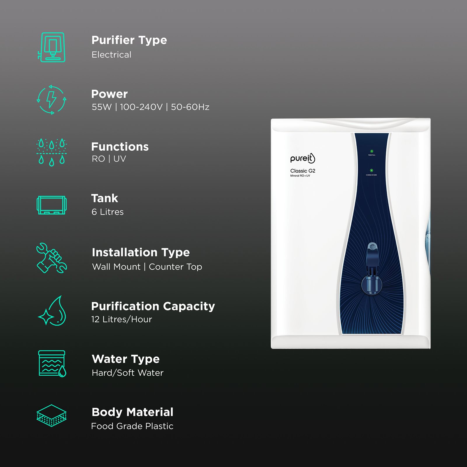 pureit Classic G2 Mineral 6L RO + UV + Special Mineral Cartridge Water Purifier with Advanced 6 Stage Purification (White/Blue) pureit Classic G2 Mineral 6L RO + UV + Special Mineral Cartridge Water Purifier with Advanced 6 Stage Purification (White/Blue)_3