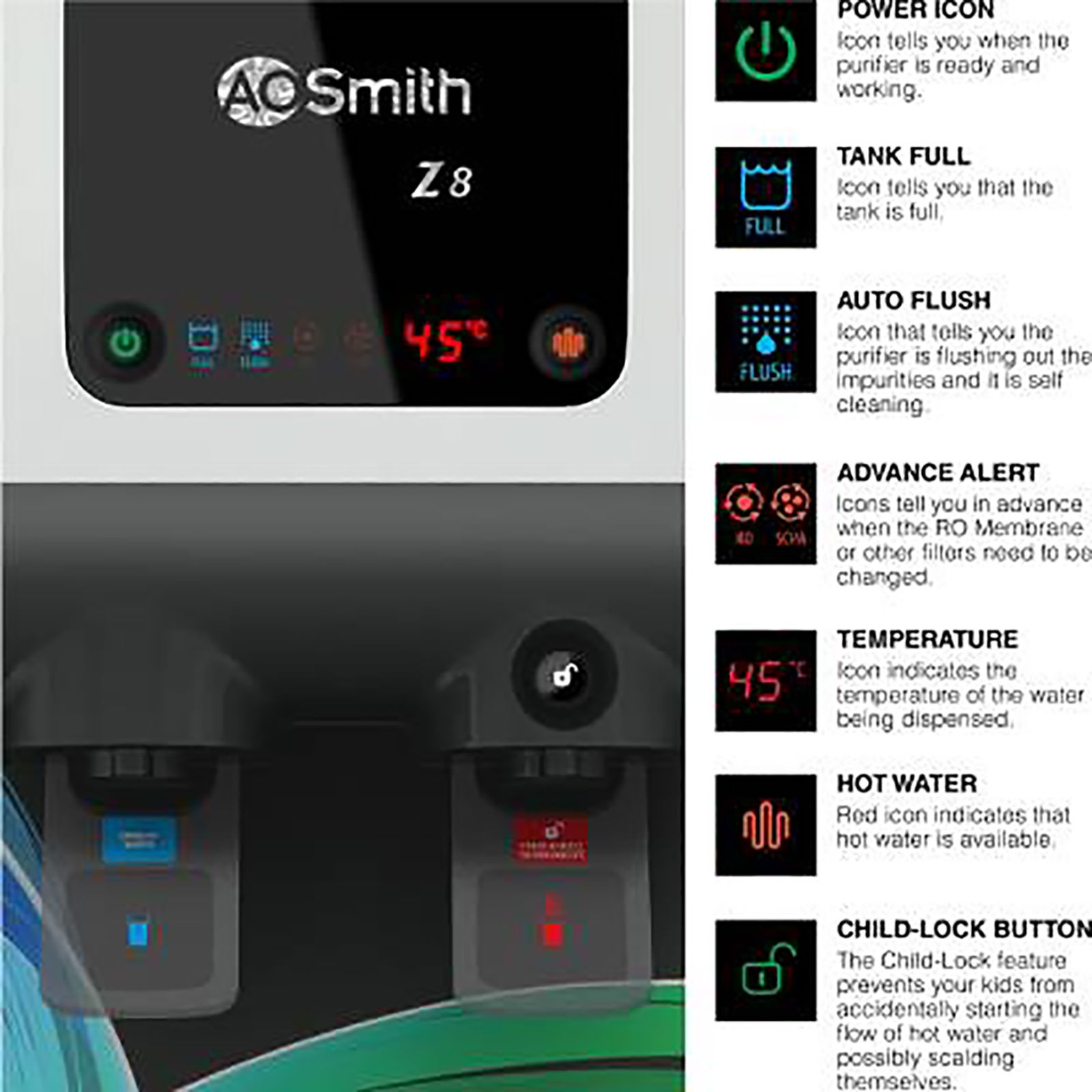 AO Smith Z8 10L RO+SCMT Hot & Cold Water Purifier with ABS Storage Tank (White)_7