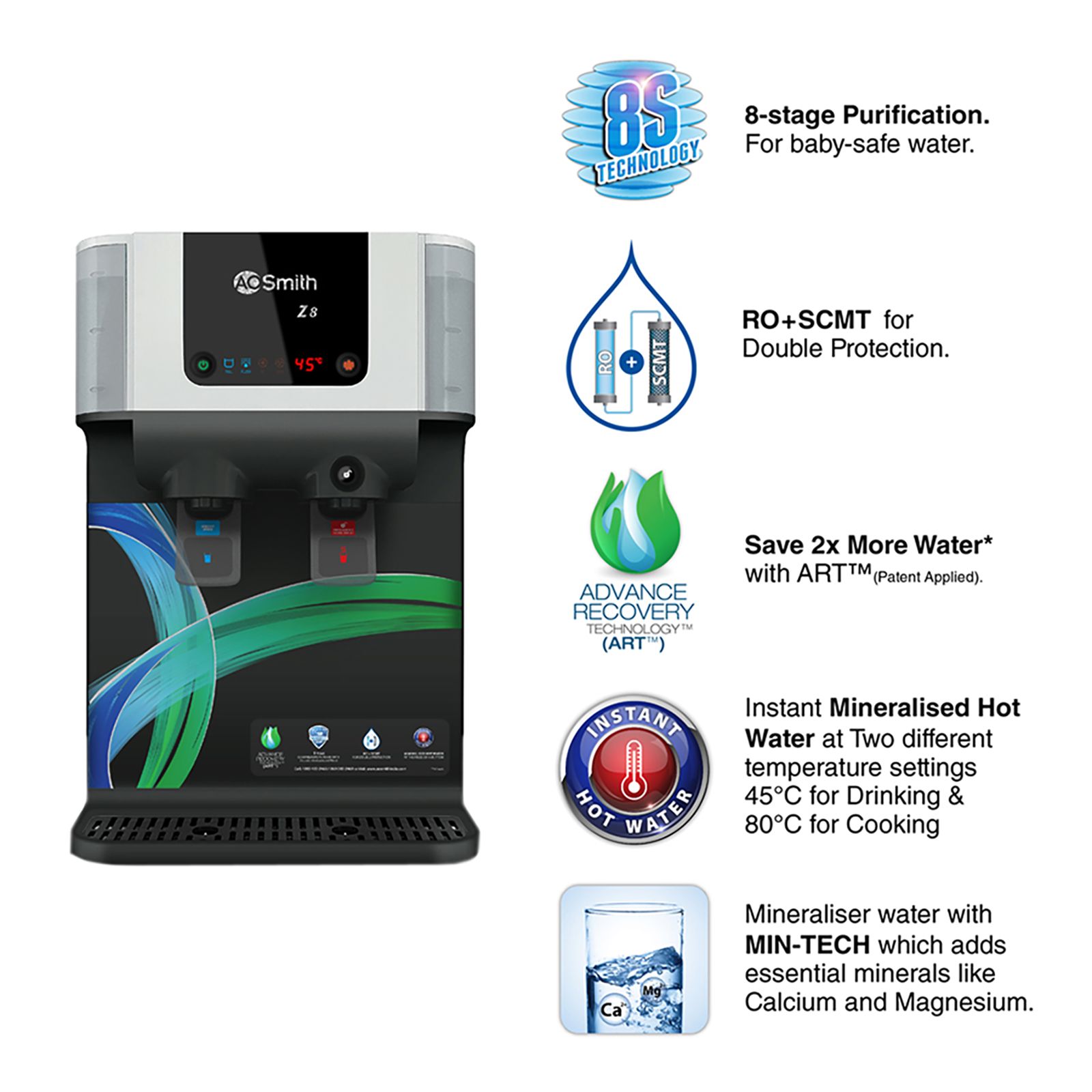 AO Smith Z8 10L RO+SCMT Hot & Cold Water Purifier with ABS Storage Tank (White)_8