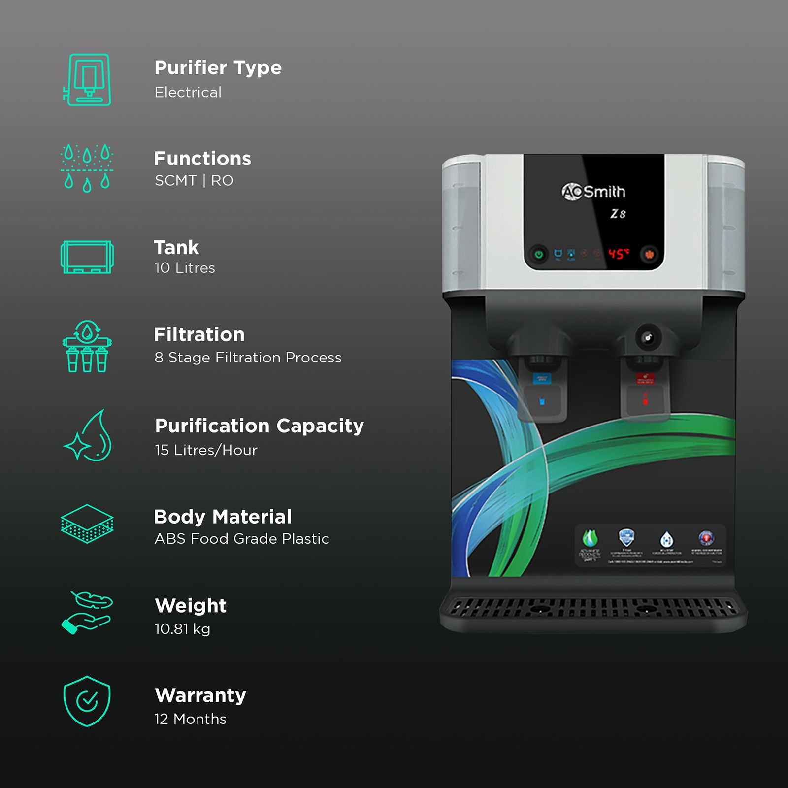 AO Smith Z8 10L RO+SCMT Hot & Cold Water Purifier with ABS Storage Tank (White)_3