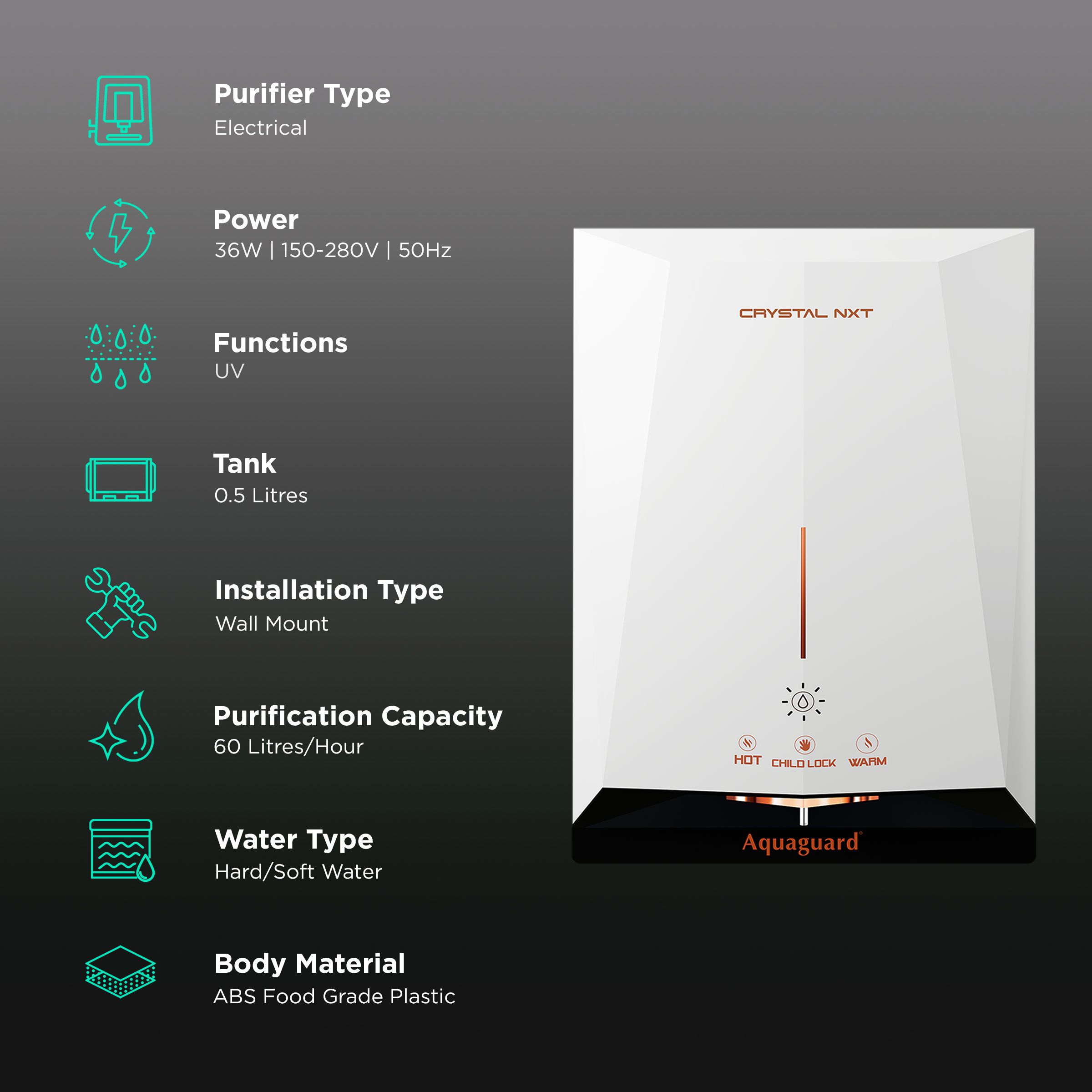 Aquaguard Crystal NXT 500ml UV Hot & Cold Water Purifier with Touch Sense Technology (White) Aquaguard Crystal NXT 500ml UV Hot & Cold Water Purifier with Touch Sense Technology (White)_3