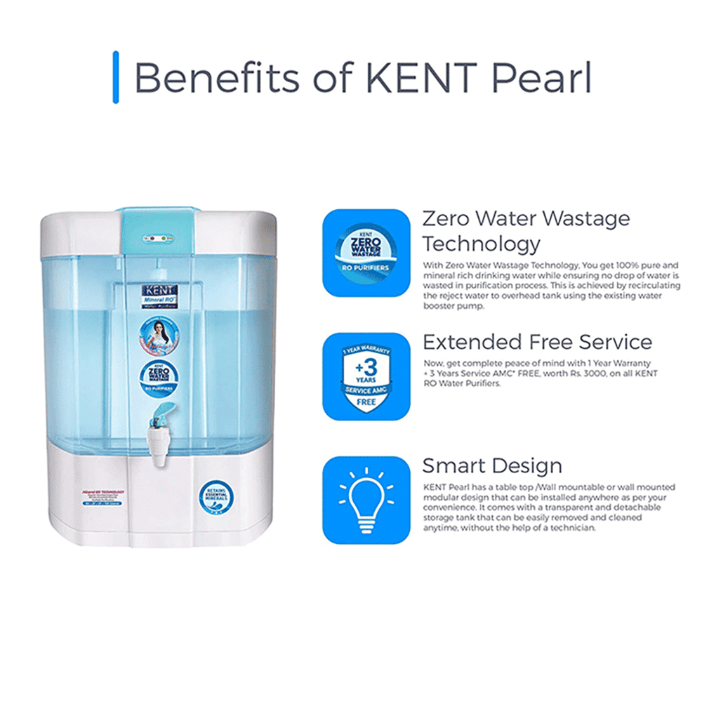 KENT Pearl 8L RO + UV + UF + UV-in-tank + TDS Water Purifier with Detachable Storage Tank and Zero Water Wastage (White)_8