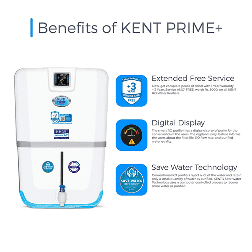 KENT Prime Plus 9L RO + UV + UF + UV-in-tank + TDS Water Purifier with Digital Purity Display and Zero Water Wastage (White) KENT Prime Plus 9L RO + UV + UF + UV-in-tank + TDS Water Purifier with Digital Purity Display and Zero Water Wastage (White)_4
