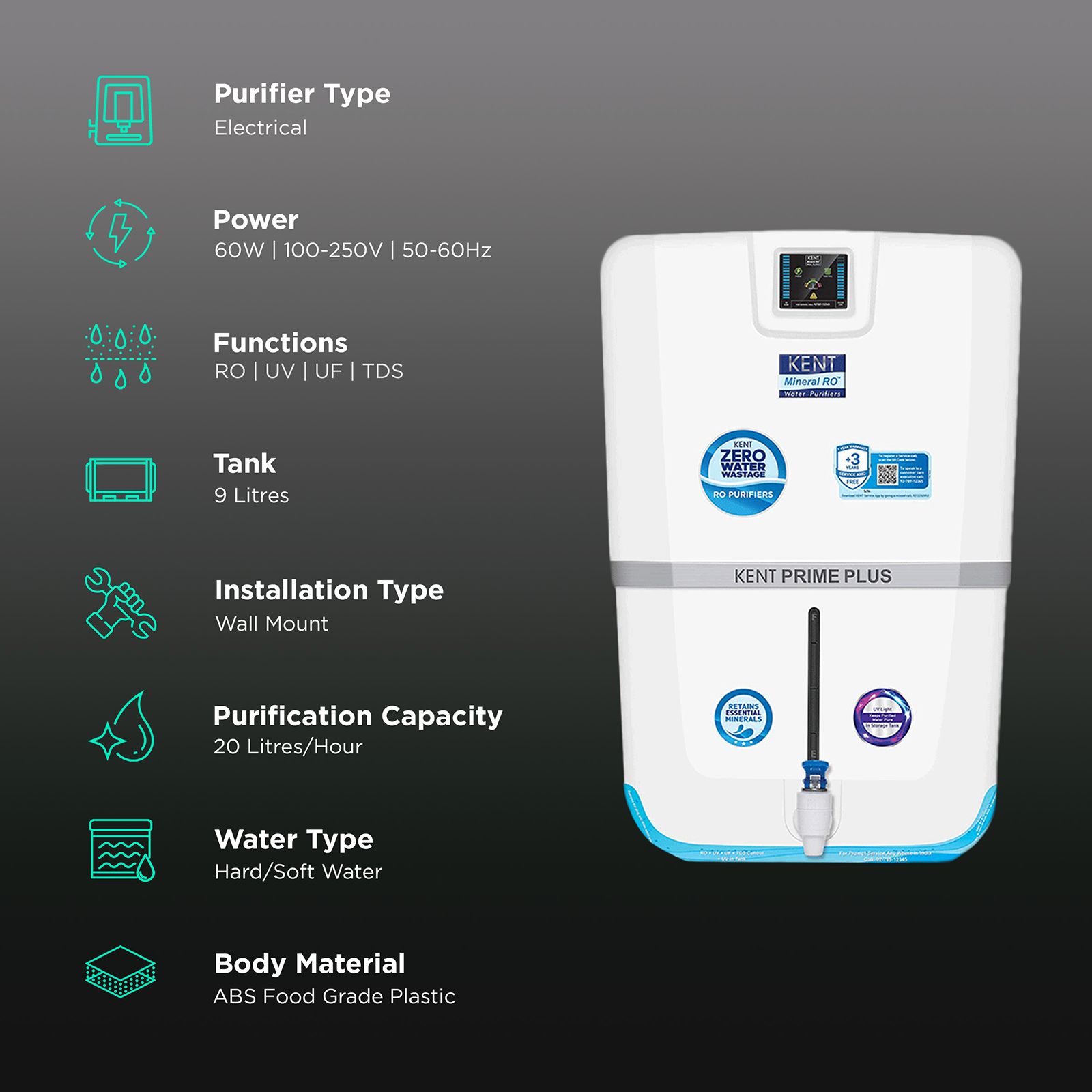 KENT Prime Plus 9L RO + UV + UF + UV-in-tank + TDS Water Purifier with Digital Purity Display and Zero Water Wastage (White) KENT Prime Plus 9L RO + UV + UF + UV-in-tank + TDS Water Purifier with Digital Purity Display and Zero Water Wastage (White)_3