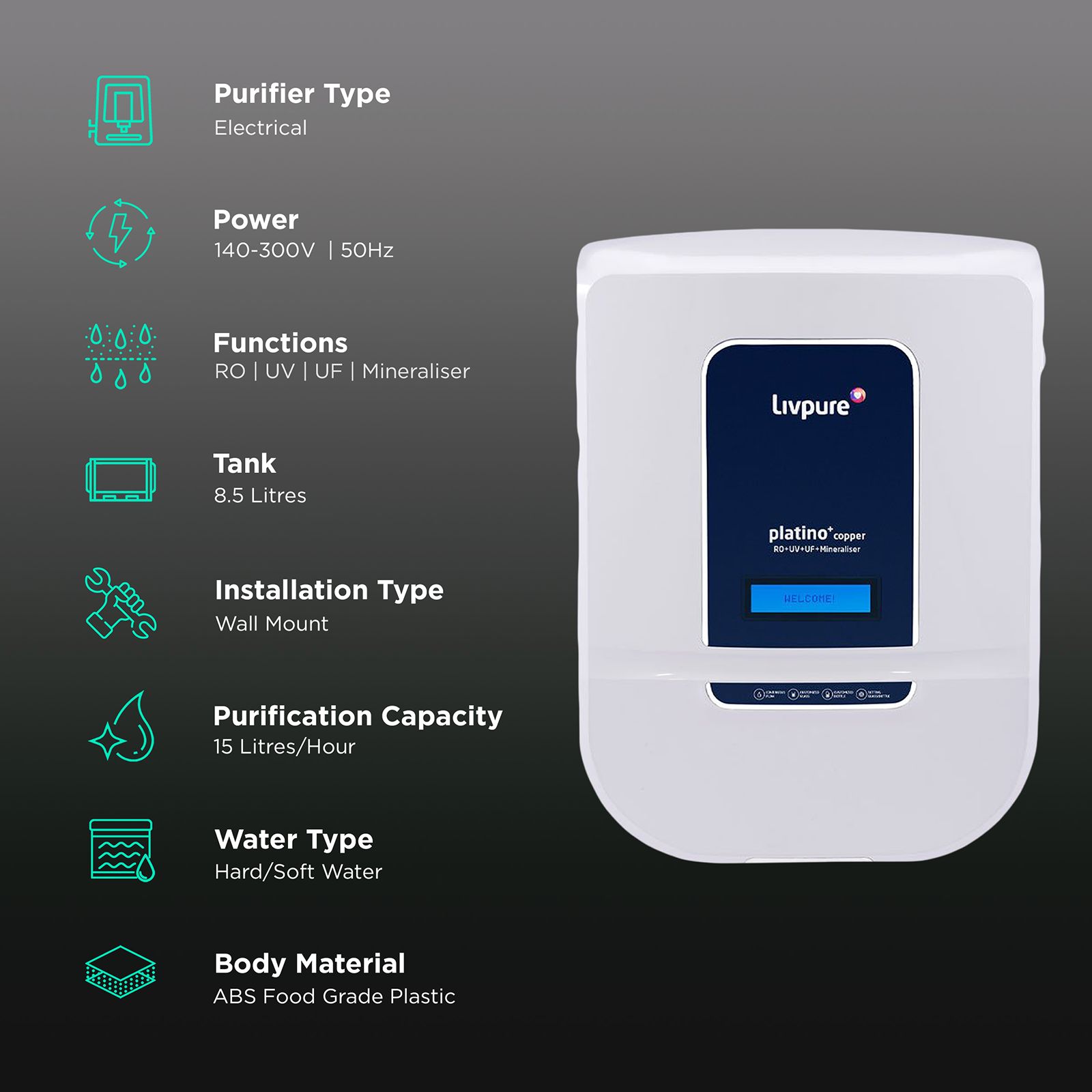 Livpure Platino Plus 8.5L RO + UV + UF + Mineraliser Water Purifier with 8 Stage Purification (White/Blue) Livpure Platino Plus 8.5L RO + UV + UF + Mineraliser Water Purifier with 8 Stage Purification (White/Blue)_3