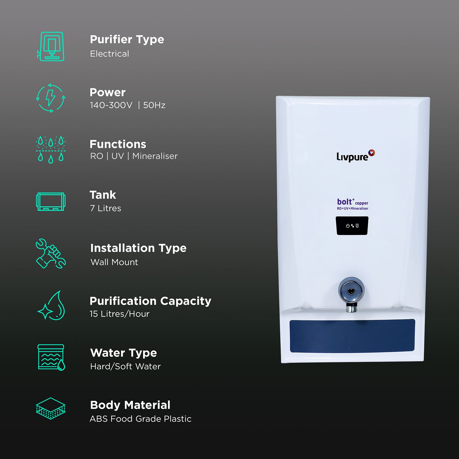 Livpure Bolt Plus 7L RO + UV + Mineraliser Water Purifier with 7 Stage Purification (White/Blue) Livpure Bolt Plus 7L RO + UV + Mineraliser Water Purifier with 7 Stage Purification (White/Blue)_3