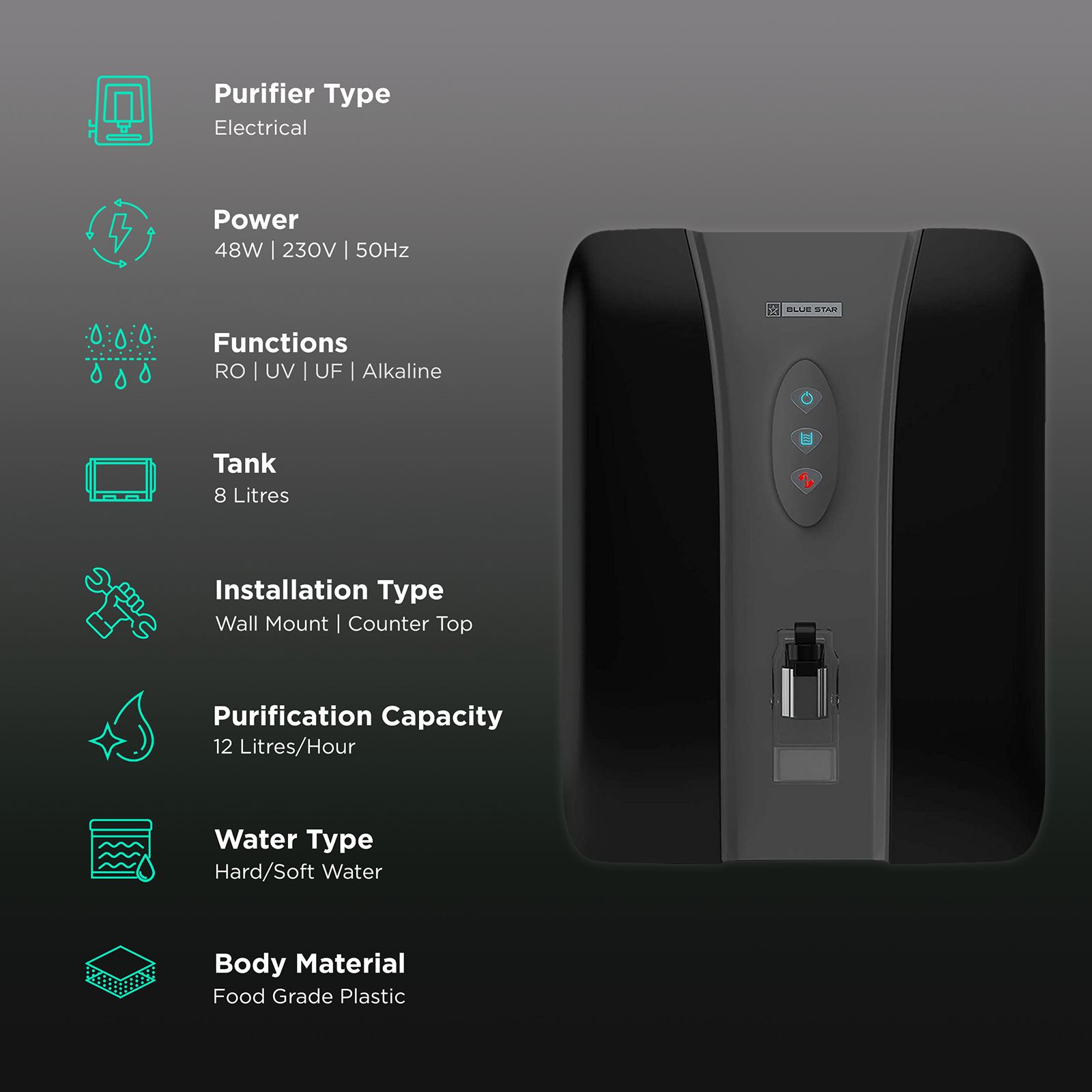 Blue Star Eleanor 8L RO + UV + UF + Alkaline Water Purifier with Triple Layered Protection (Black/Grey) Blue Star Eleanor 8L RO + UV + UF + Alkaline Water Purifier with Triple Layered Protection (Black/Grey)_3
