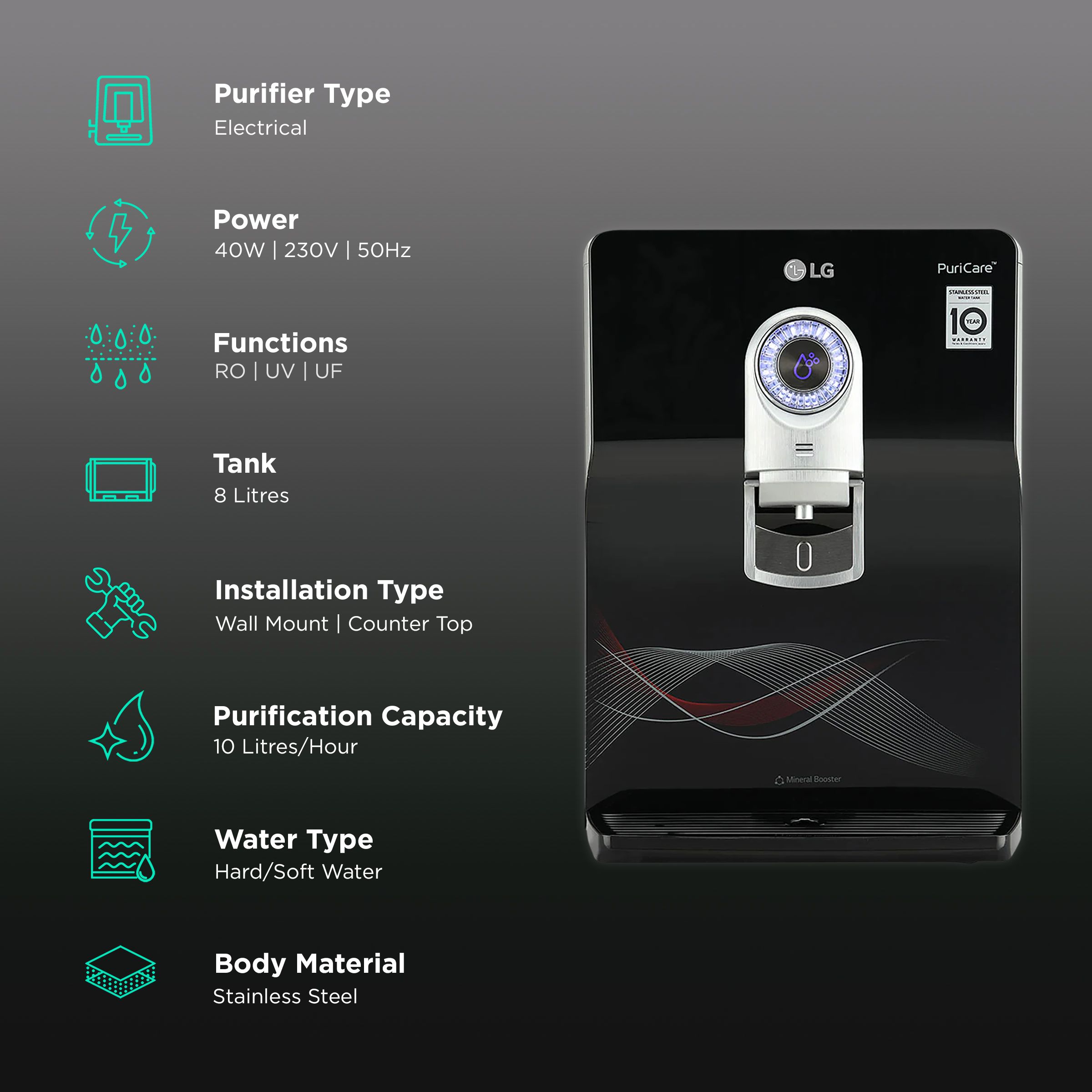 LG PuriCare 8L RO + UV + UF Water Purifier with Multi Stage Filtration Process (Black) LG PuriCare 8L RO + UV + UF Water Purifier with Multi Stage Filtration Process (Black)_3