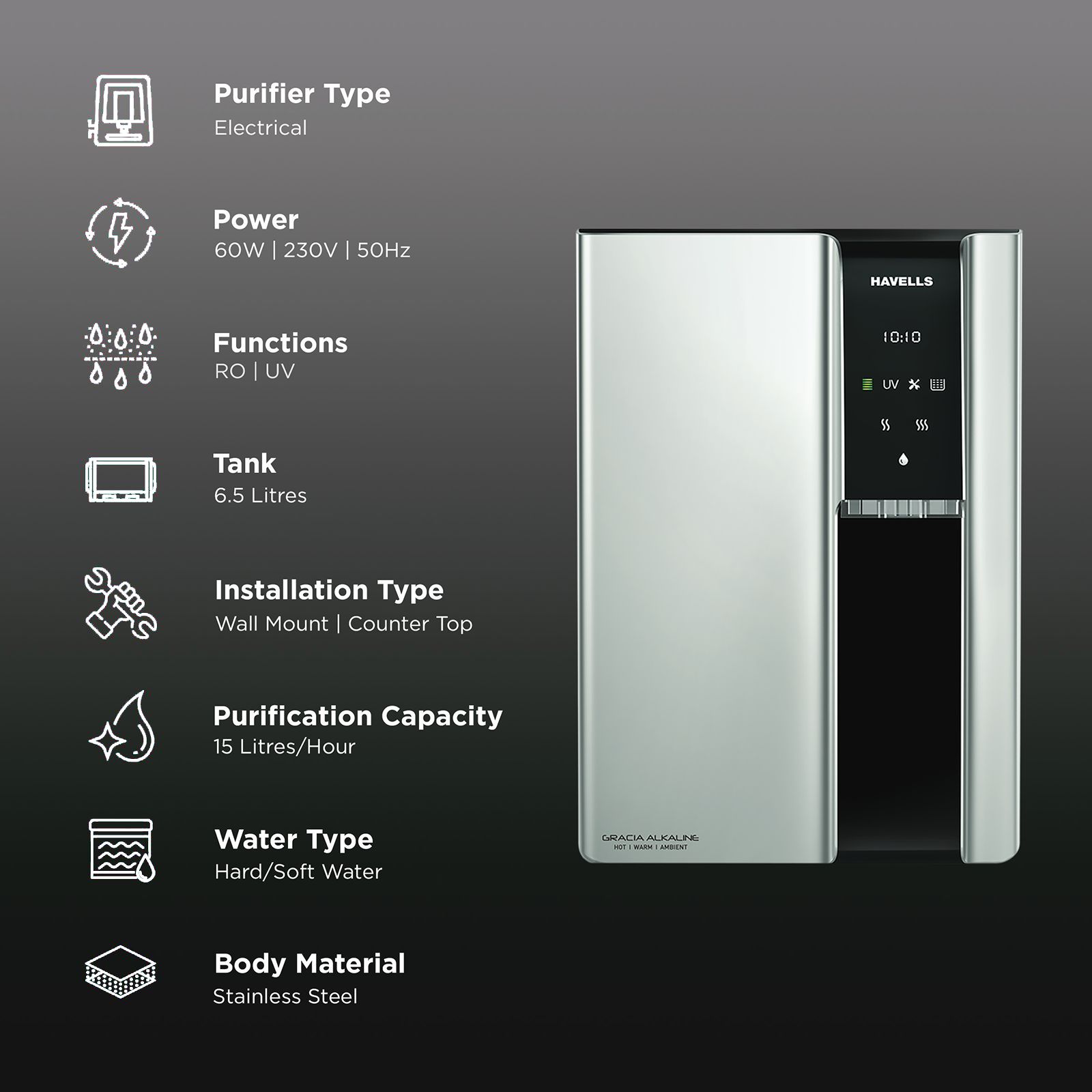 HAVELLS Gracia 7.5L RO + UV Hot & Cold Water Purifier with 8 Stage Purification (Silver/Black)_3