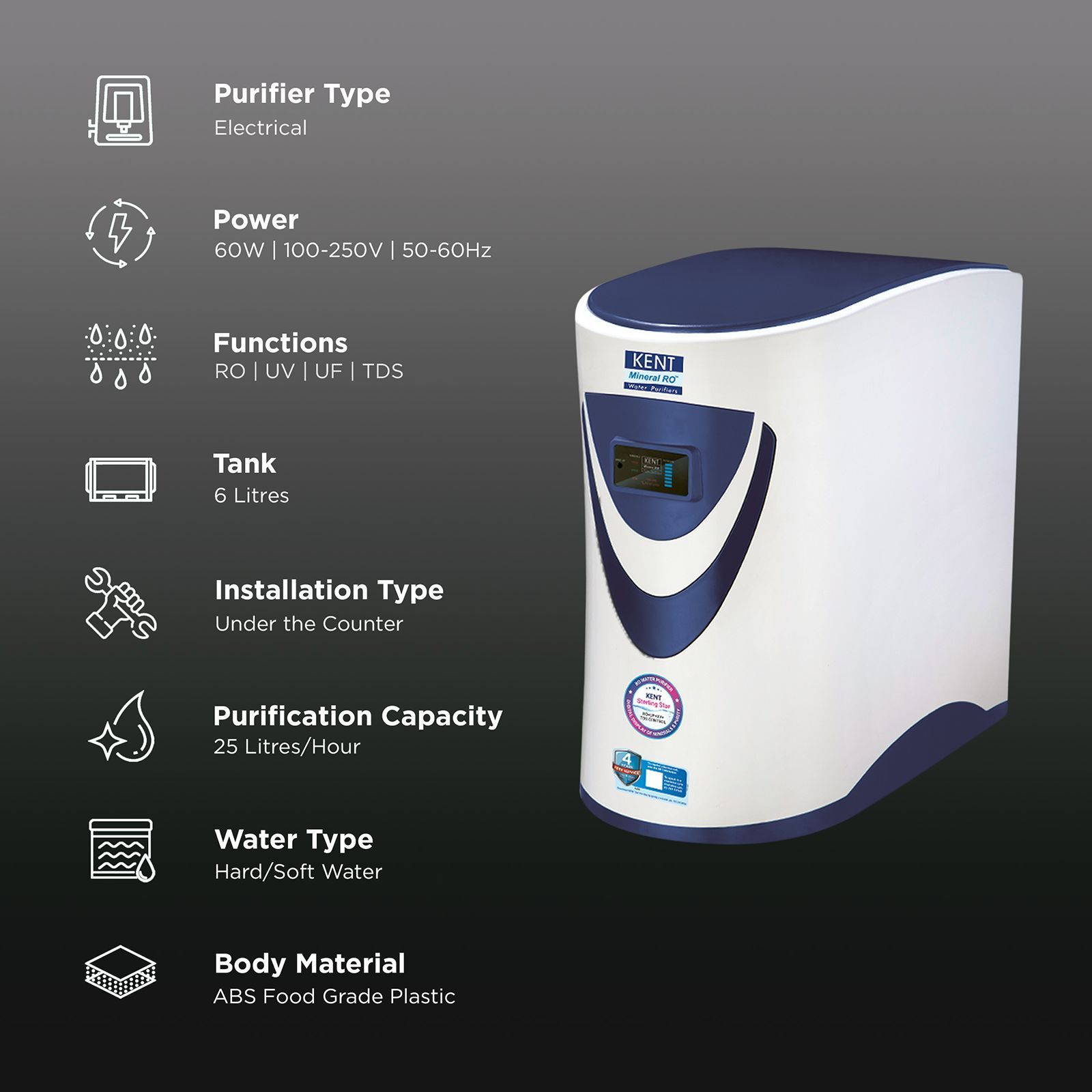 KENT Sterling Star 6L RO + UV + UF + TDS Under the Sink Water Purifier with Digital Purity & Mineral Display (White/Blue) KENT Sterling Star 6L RO + UV + UF + TDS Under the Sink Water Purifier with Digital Purity & Mineral Display (White/Blue)_3