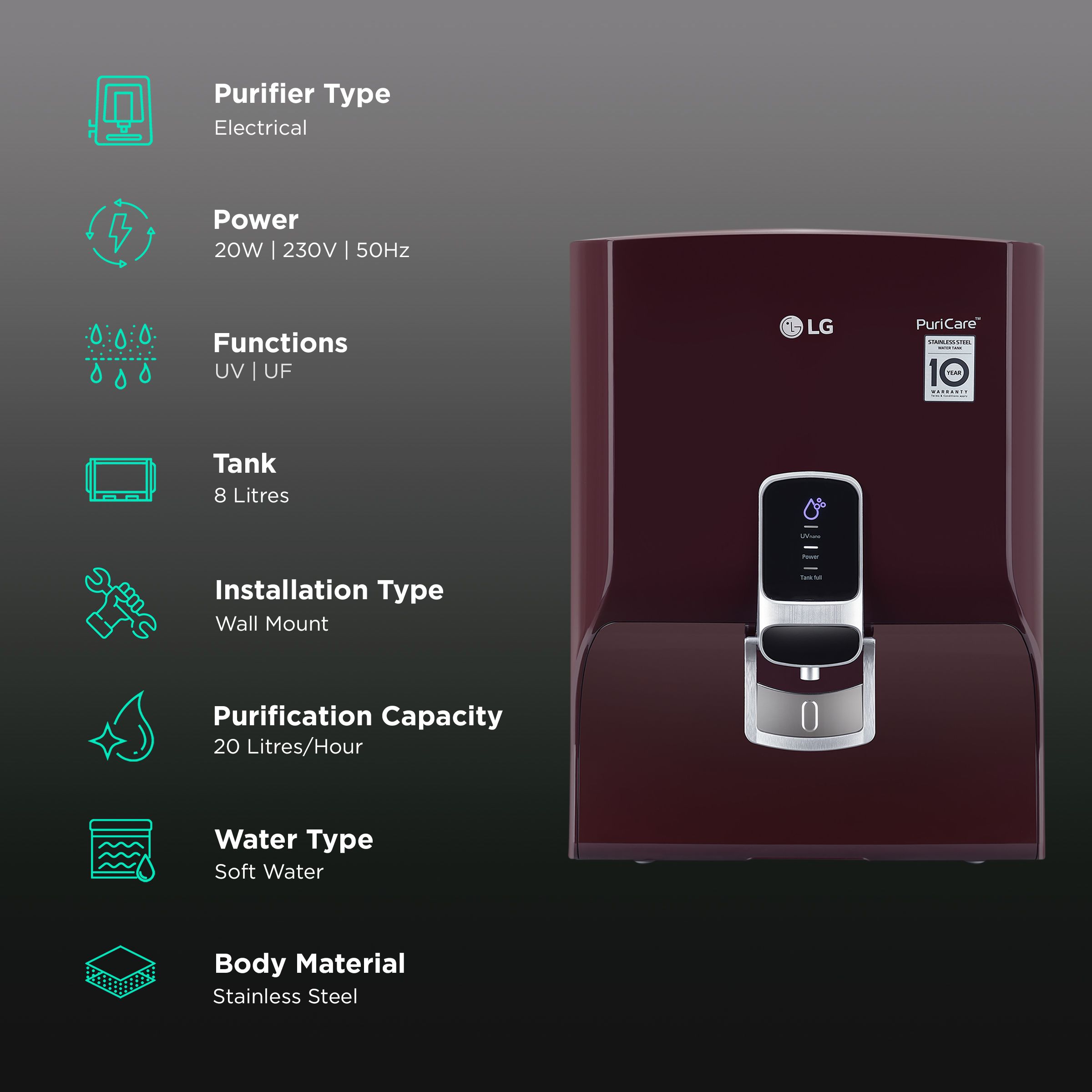 LG PuriCare 8L UV + UF Water Purifier with 7 Stage Purification (Crimson Red)_3