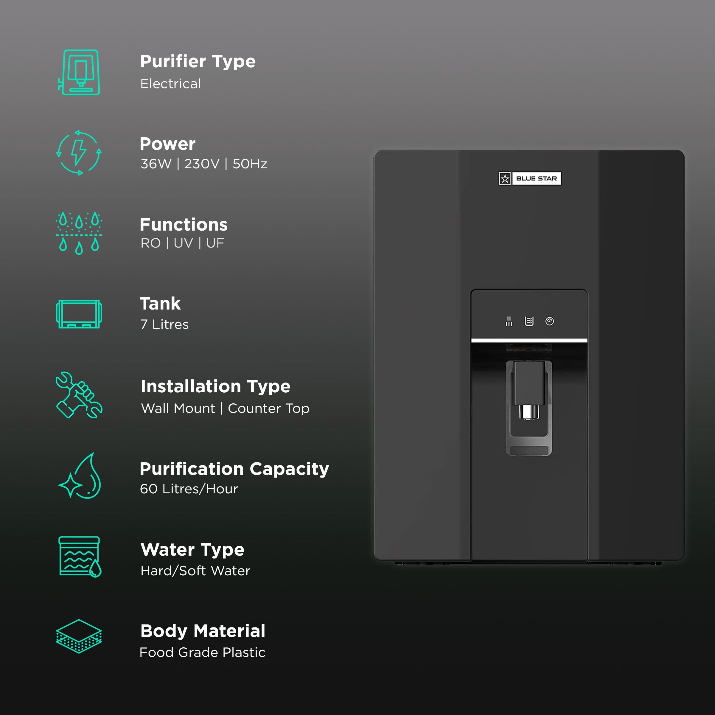 Blue Star Cresto 7L RO + UV + UF Water Purifier with Aqua Taste Booster (Black) Blue Star Cresto 7L RO + UV + UF Water Purifier with Aqua Taste Booster (Black)_3