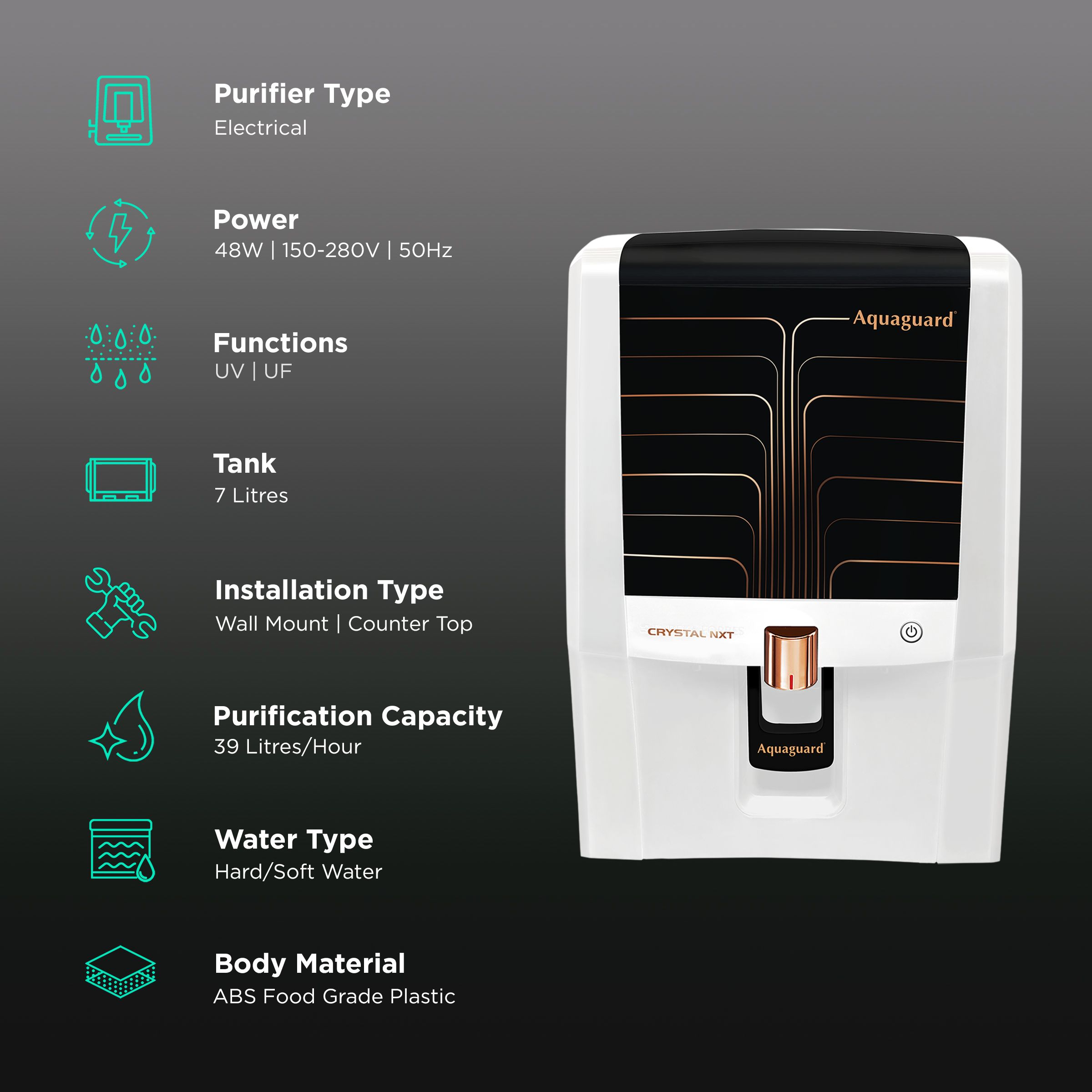 Aquaguard Crystal NXT 7L UV + UF Water Purifier with 6 Stage Purification (White/Copper/Black) Aquaguard Crystal NXT 7L UV + UF Water Purifier with 6 Stage Purification (White/Copper/Black)_3