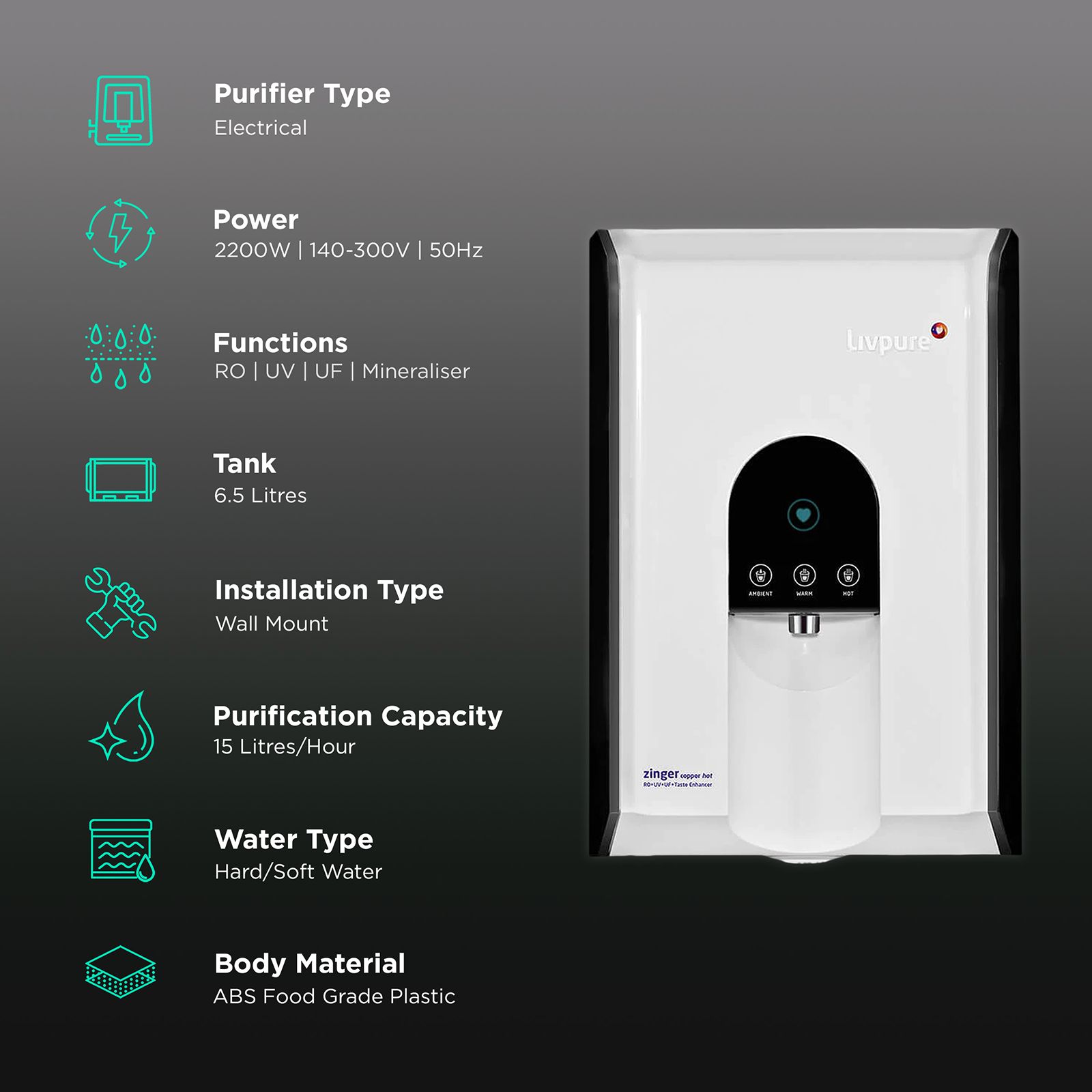 Livpure Zinger 6.5L RO + UV + UF + Mineraliser Hot & Cold Water Purifier with 6 Stage Purification (White) Livpure Zinger 6.5L RO + UV + UF + Mineraliser Hot & Cold Water Purifier with 6 Stage Purification (White)_3