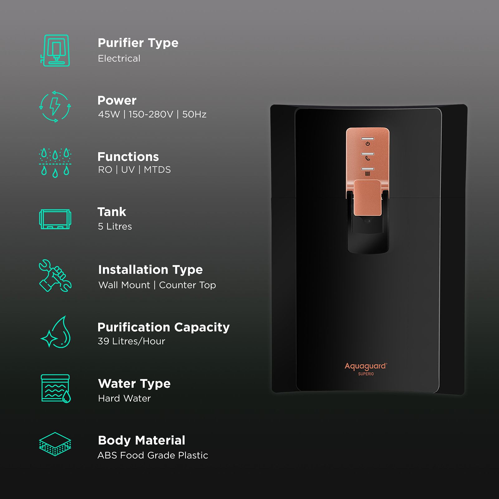 Aquaguard Enrich Superio 5L RO + UV + MTDS + SS Smart Water Purifier with 7 Stage Purification (Black/Metallic Copper) Aquaguard Enrich Superio 5L RO + UV + MTDS + SS Smart Water Purifier with 7 Stage Purification (Black/Metallic Copper)_3