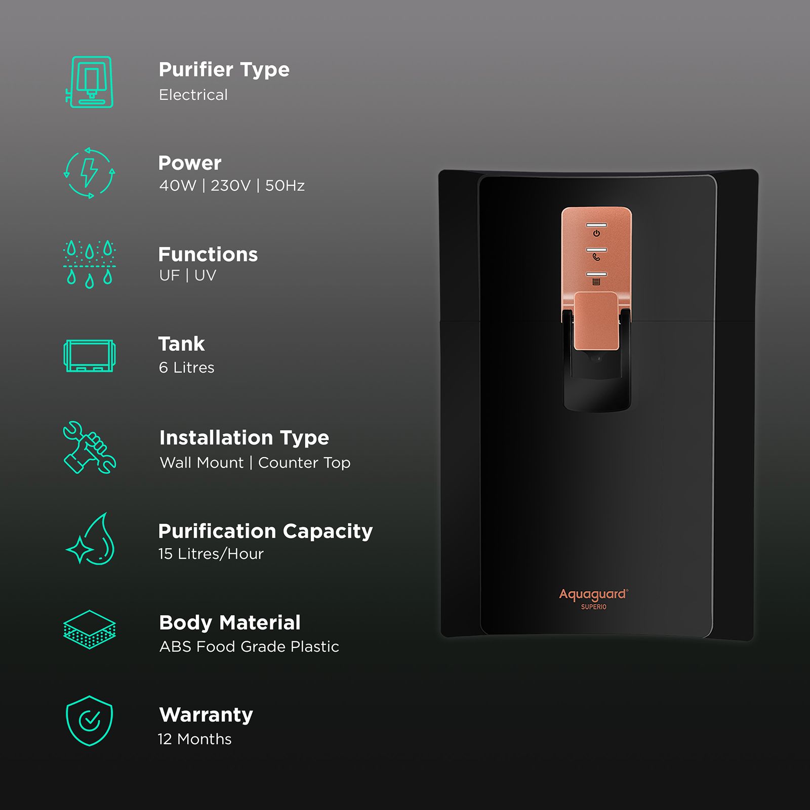 Aquaguard Superio 6L UV + UF Water Purifier with Mineral Guard Technology (Black/Metallic Copper) Aquaguard Superio 6L UV + UF Water Purifier with Mineral Guard Technology (Black/Metallic Copper)_3