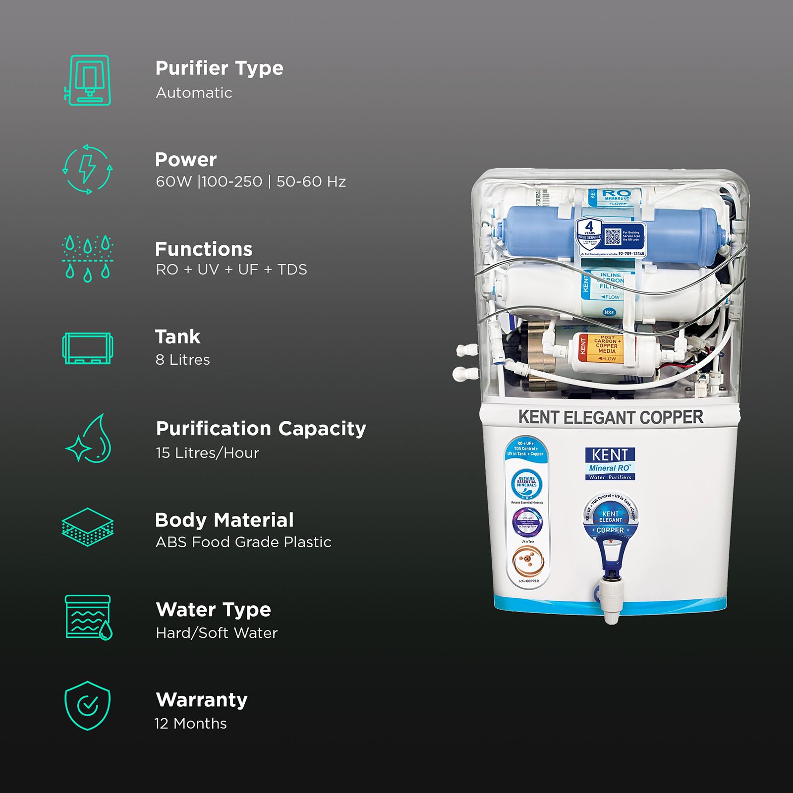 KENT Elegant Copper 8L RO + UF + UV-in-tank + TDS + Copper Water Purifier with Overflow Protection (White)_3