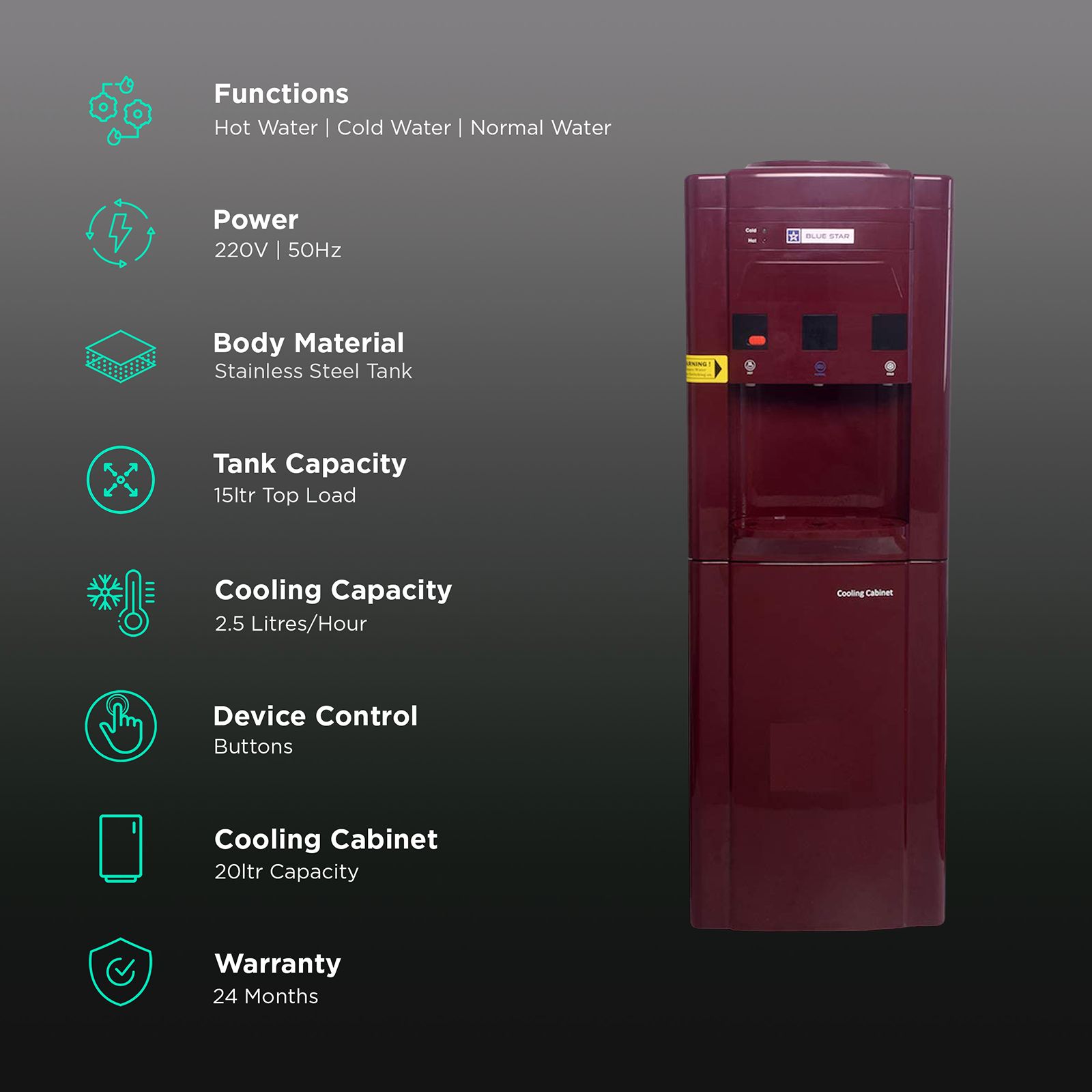 Blue Star Hot, Cold and Normal Top Load Water Dispenser with Cooling Cabinet (Maroon) Blue Star Hot, Cold and Normal Top Load Water Dispenser with Cooling Cabinet (Maroon)_3