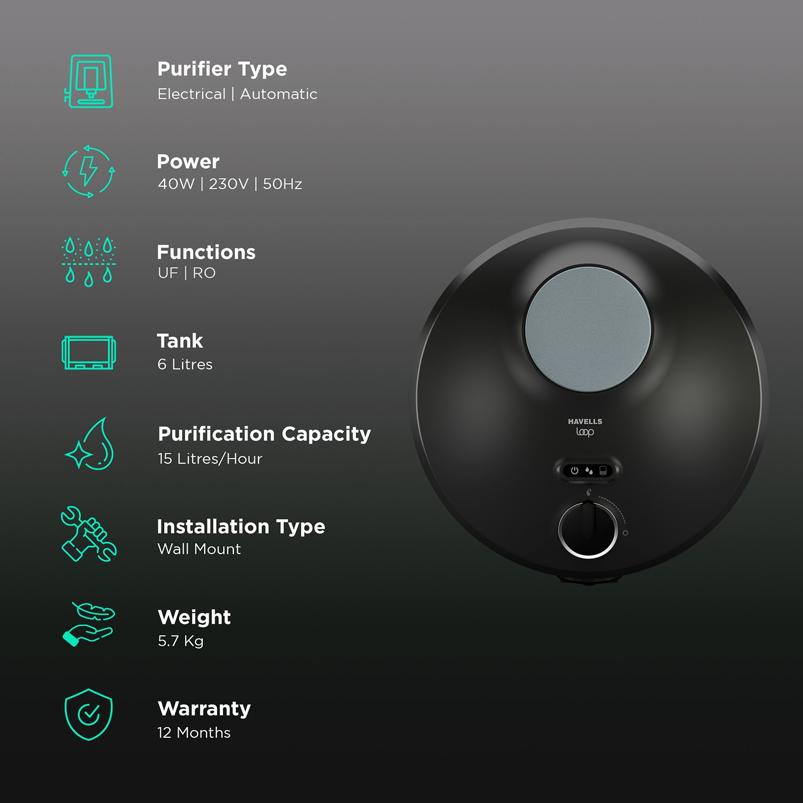HAVELLS LOOP 6L RO + UF Water Purifier with Hygienic Flow Control (Hydro Grey) HAVELLS LOOP 6L RO + UF Water Purifier with Hygienic Flow Control (Hydro Grey)_3