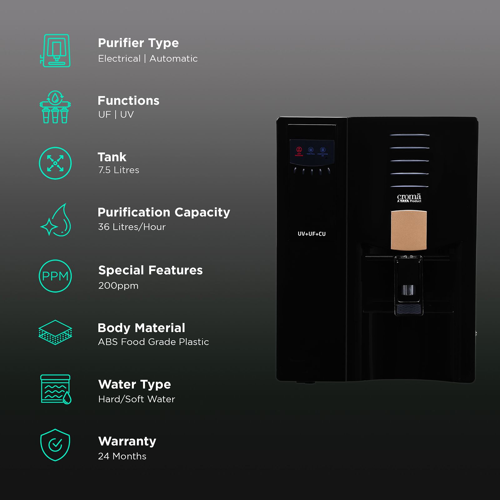 Croma 7.5L UV + UF Water Purifier with Advance Copper Technology (Black) Croma 7.5L UV + UF Water Purifier with Advance Copper Technology (Black)_3
