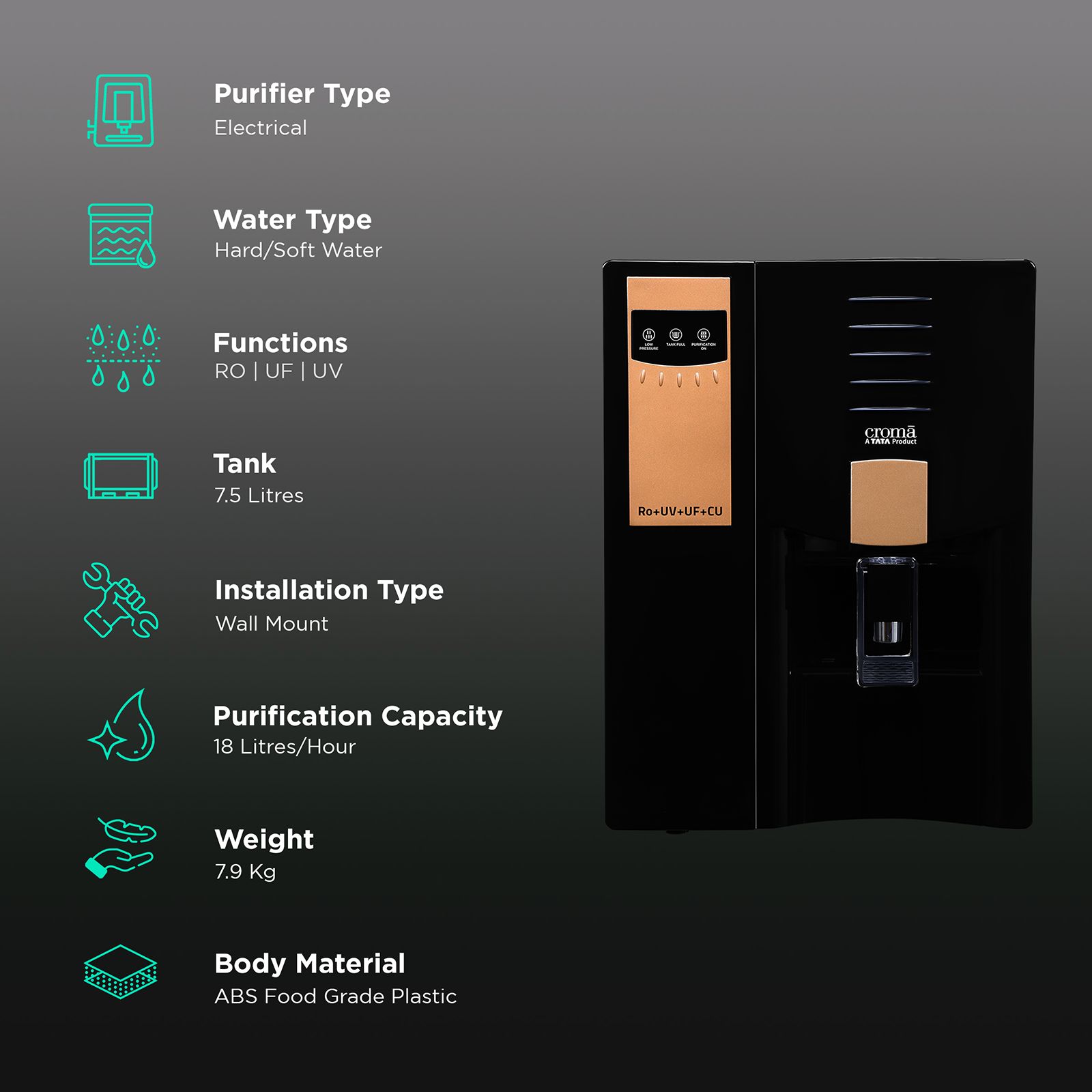 Croma 7.5L RO + UV + UF Water Purifier with Advanced Copper Technology (Black) Croma 7.5L RO + UV + UF Water Purifier with Advanced Copper Technology (Black)_3