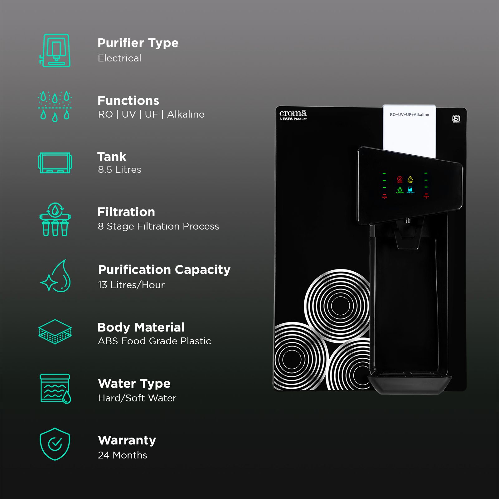 Croma 8.5L RO + UV + UF + Alkaline Water Purifier with Reverse Osmosis Filtration (Black) Croma 8.5L RO + UV + UF + Alkaline Water Purifier with Reverse Osmosis Filtration (Black)_3