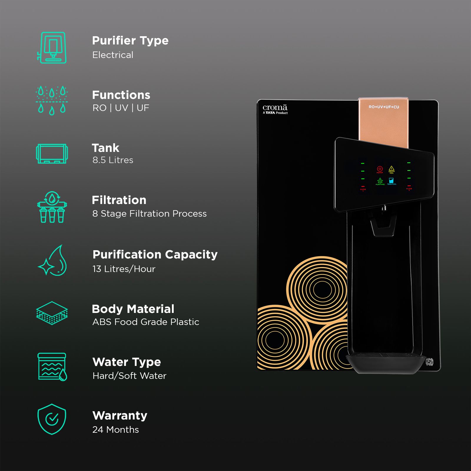 Croma 8.5L RO + UV + UF + Advance Copper Water Purifier with Reverse Osmosis Technology (Black) Croma 8.5L RO + UV + UF + Advance Copper Water Purifier with Reverse Osmosis Technology (Black)_3