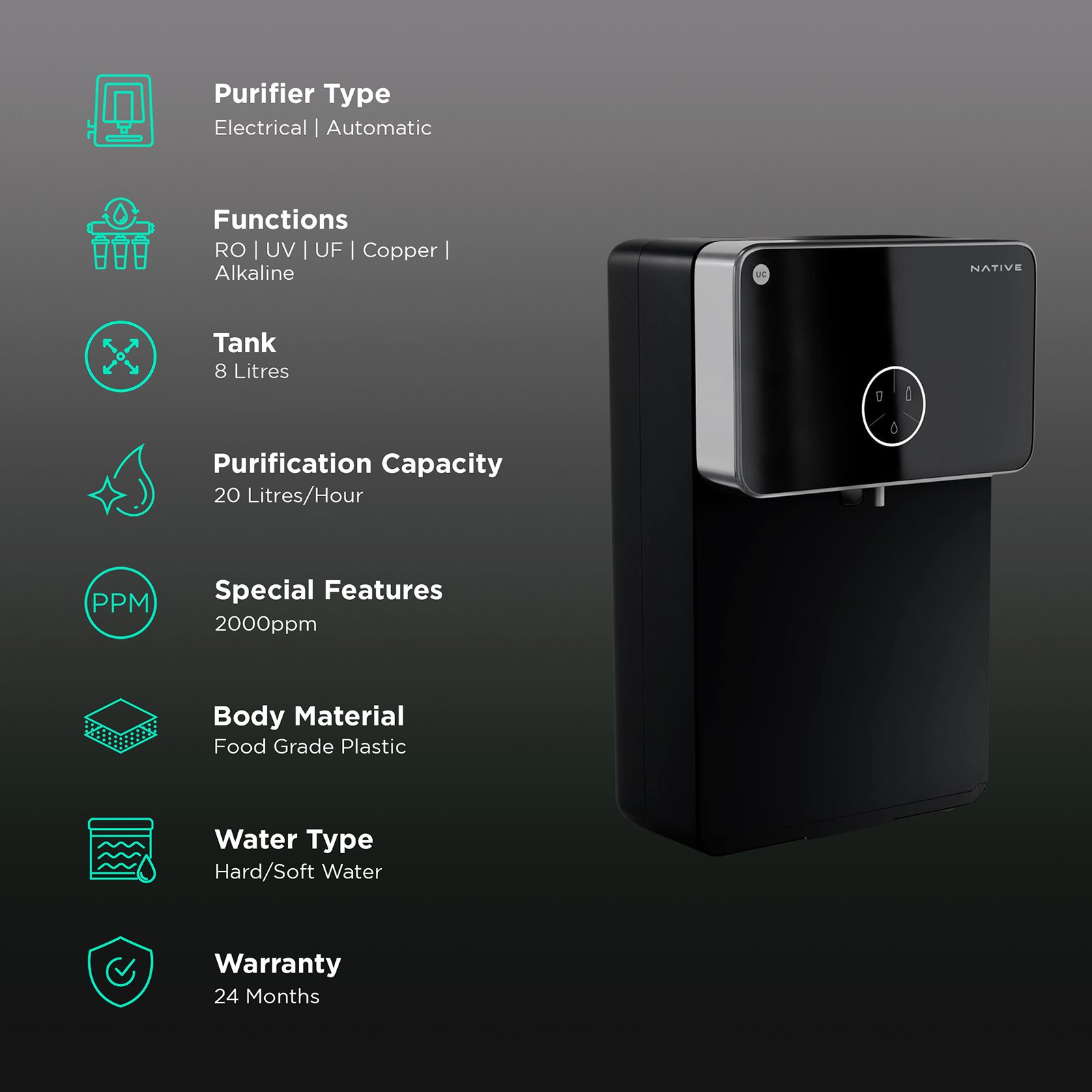 Native by UC M2 8L RO + UV + UF + Copper + Alkaline Water Purifier with No need of service for 2 years (Black) Native by UC M2 8L RO + UV + UF + Copper + Alkaline Water Purifier with No need of service for 2 years (Black)_3