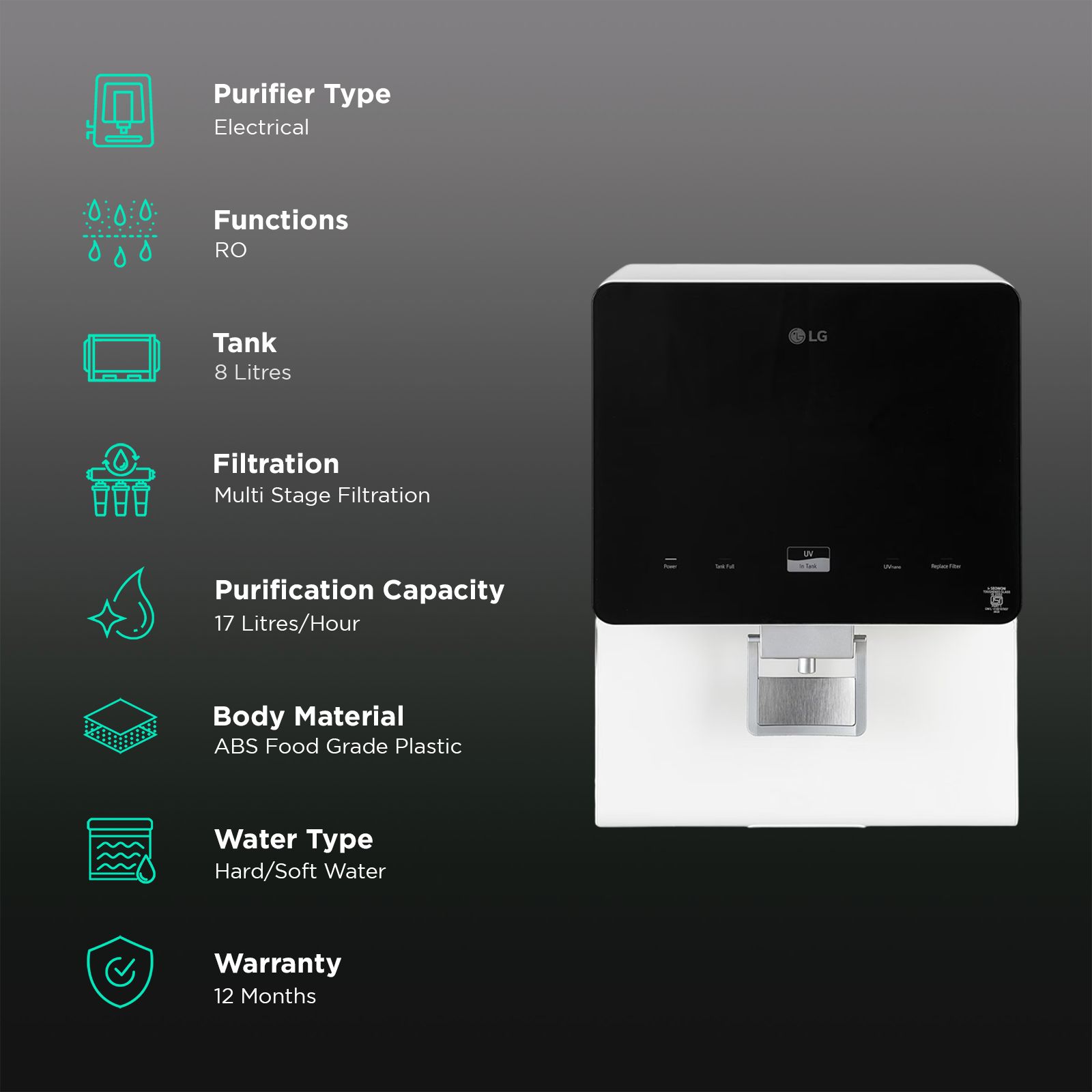 LG WW176GPBW 8L RO + UV Water Purifier with Multi Stage Filtration Process (Black & White)_3