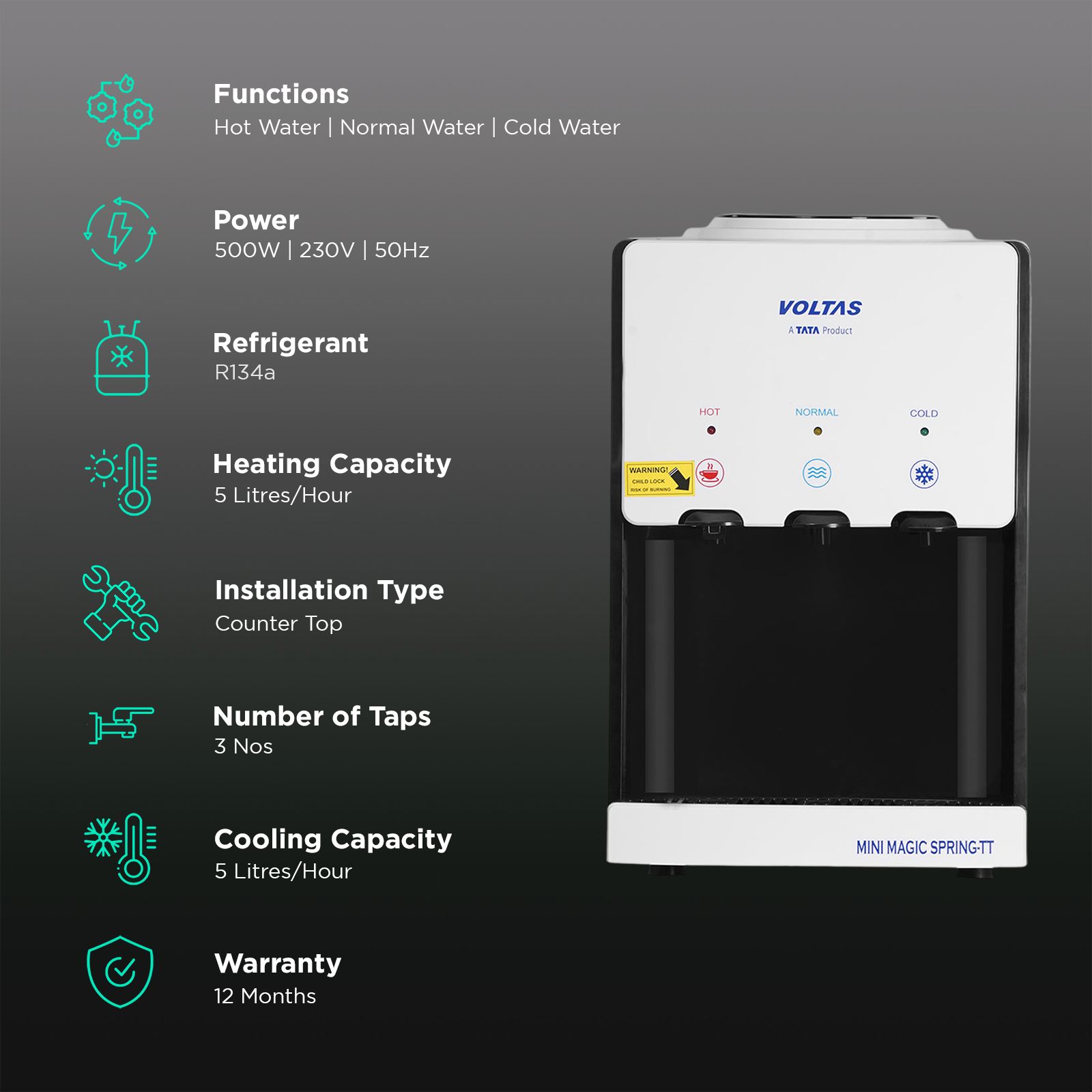 VOLTAS Minimagic Spring TT Hot, Cold & Normal Top Load Water Dispenser with Eco-friendly Refrigerant (White & Black) VOLTAS Minimagic Spring TT Hot, Cold & Normal Top Load Water Dispenser with Eco-friendly Refrigerant (White & Black)_3