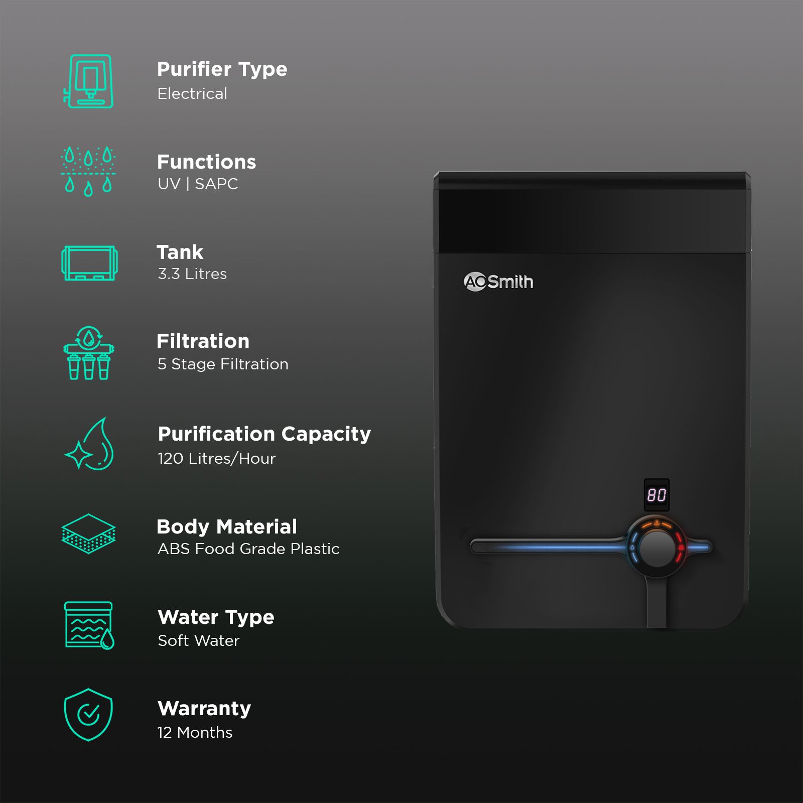 AO Smith Intelli Plus 3.3L UV + SAPC Hot & Ambient Water Purifier with Triple Protection Technology (Black)_3