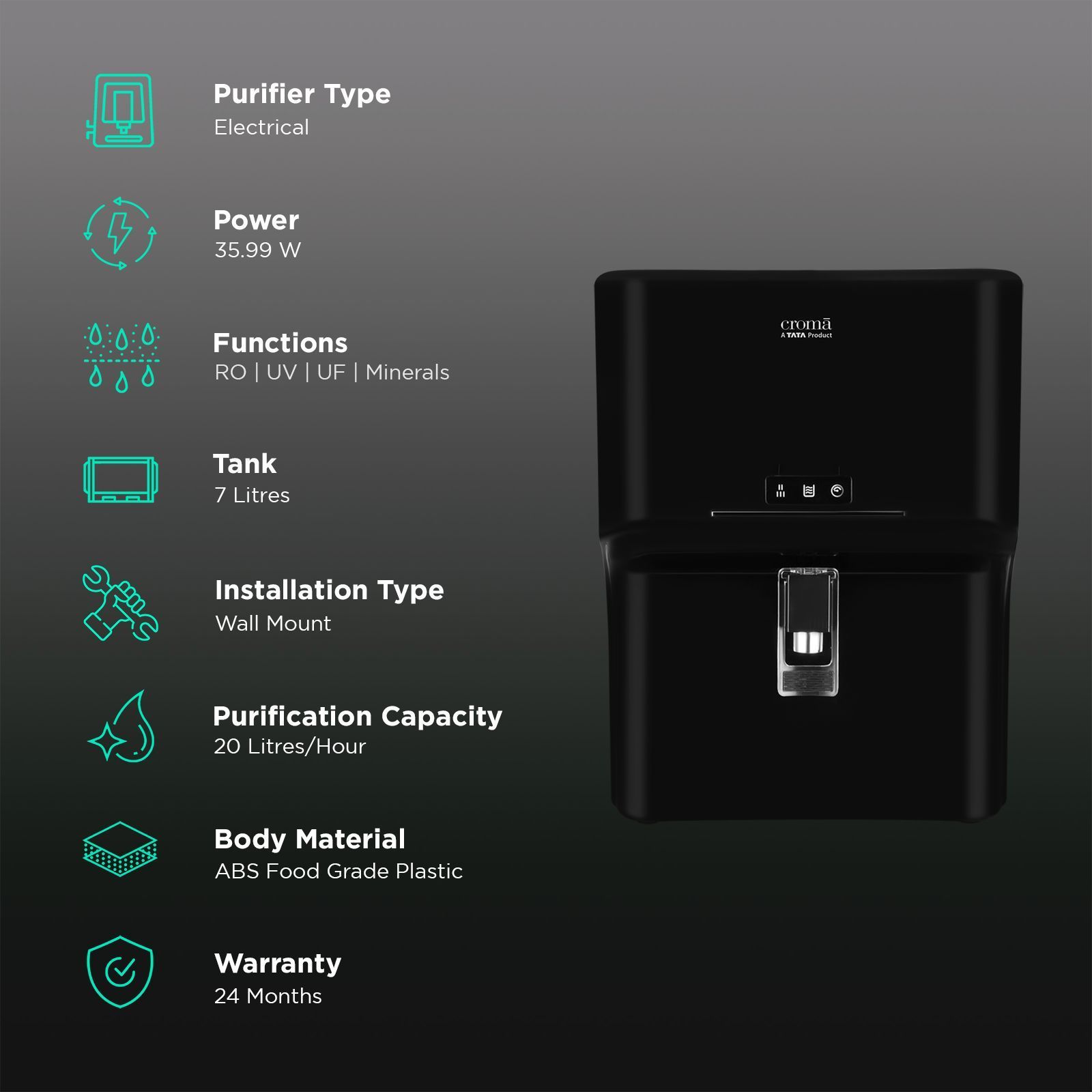 Croma 7L RO + UV + UF + Minerals Water Purifier with 8 Stage Purification Technology (Black) 2025_3