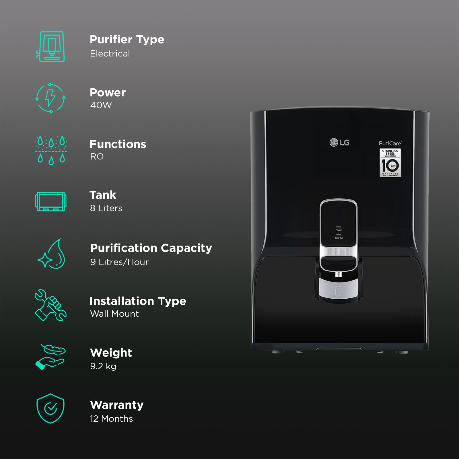 LG WW131NP 8L RO Water Purifier with Multi Stage Filtration (Solid Black)_3