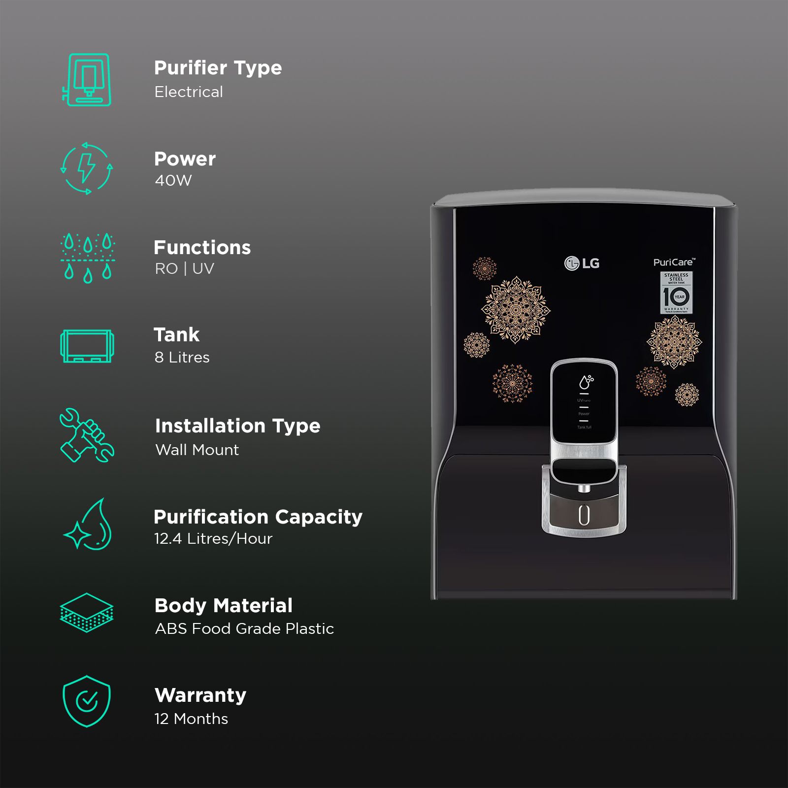 LG WW155NPB 8L RO + UV + Mineral Booster Water Purifier with Steel Tank (Digital Sterilizing Care, Black)_3