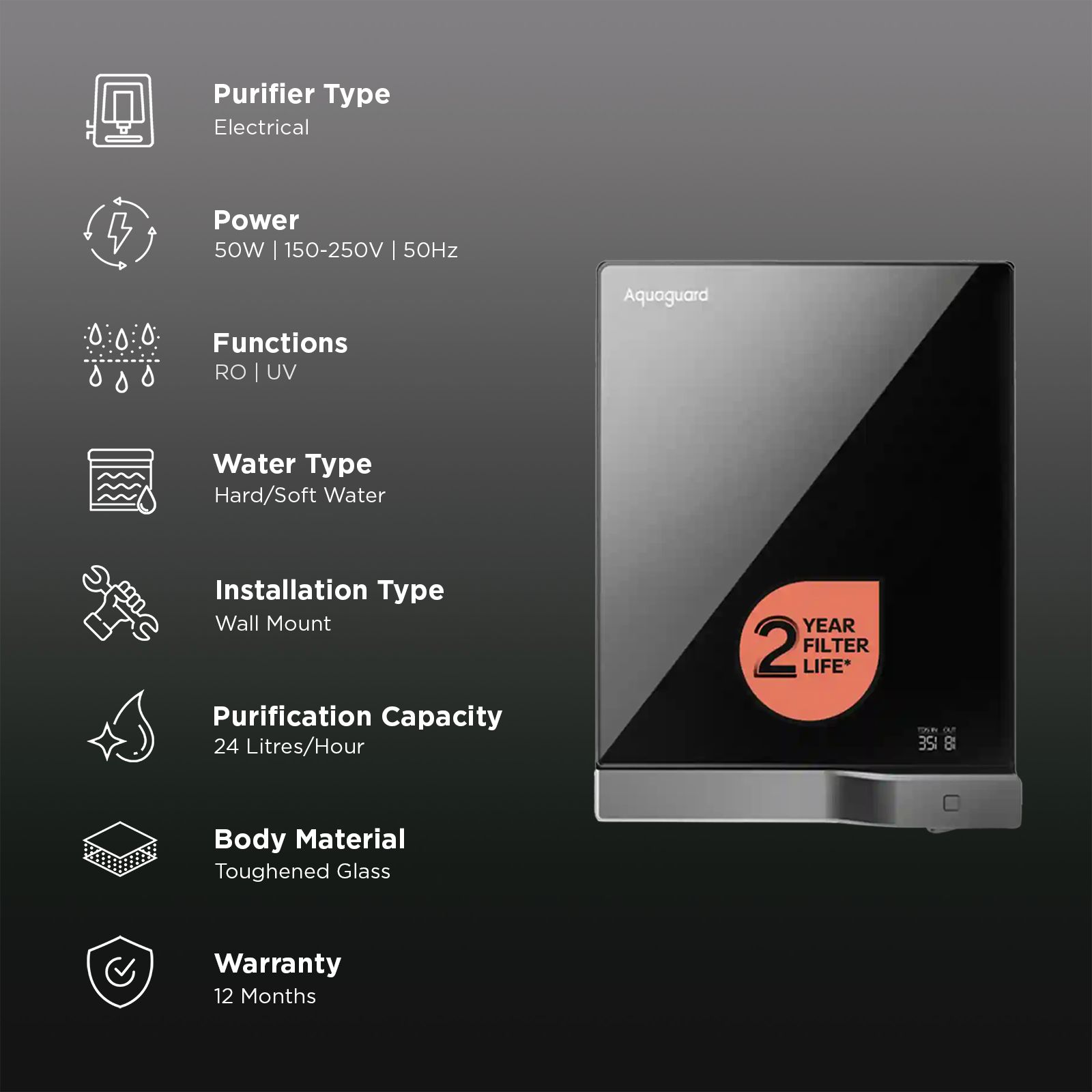 Aquaguard Aspire Slimtech 4L RO + UV 2X Water Purifier with 3-in-1 Active Copper Technology (Black) Aquaguard Aspire Slimtech 4L RO + UV 2X Water Purifier with 3-in-1 Active Copper Technology (Black)_3