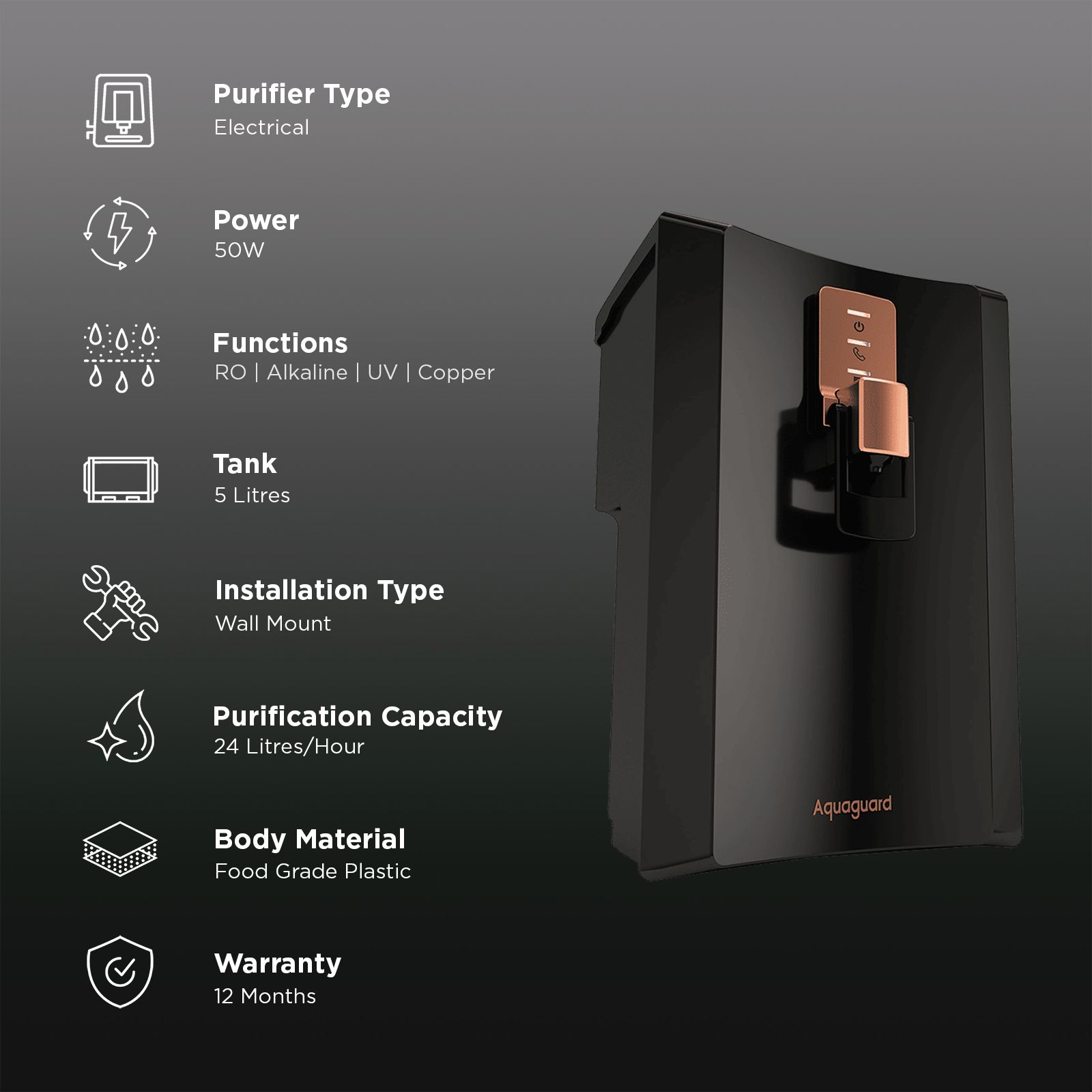 Aquaguard Enrich Superio 5L RO + UV + CU + Alkaline Water Purifier with Nanopore Long-Life Filter Technology (Black) Aquaguard Enrich Superio 5L RO + UV + CU + Alkaline Water Purifier with Nanopore Long-Life Filter Technology (Black)_3