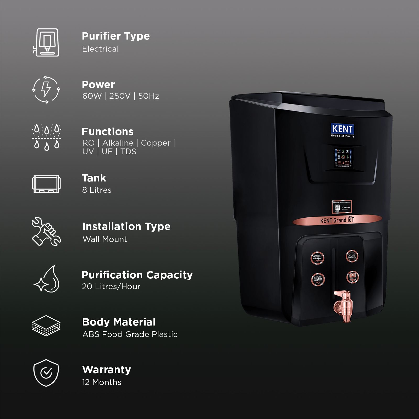 Kent Grand 8L RO + UV + UF + Alkaline + Copper + TDS Control Water Purifier with IoT Technology (Black) Kent Grand 8L RO + UV + UF + Alkaline + Copper + TDS Control Water Purifier with IoT Technology (Black)_3