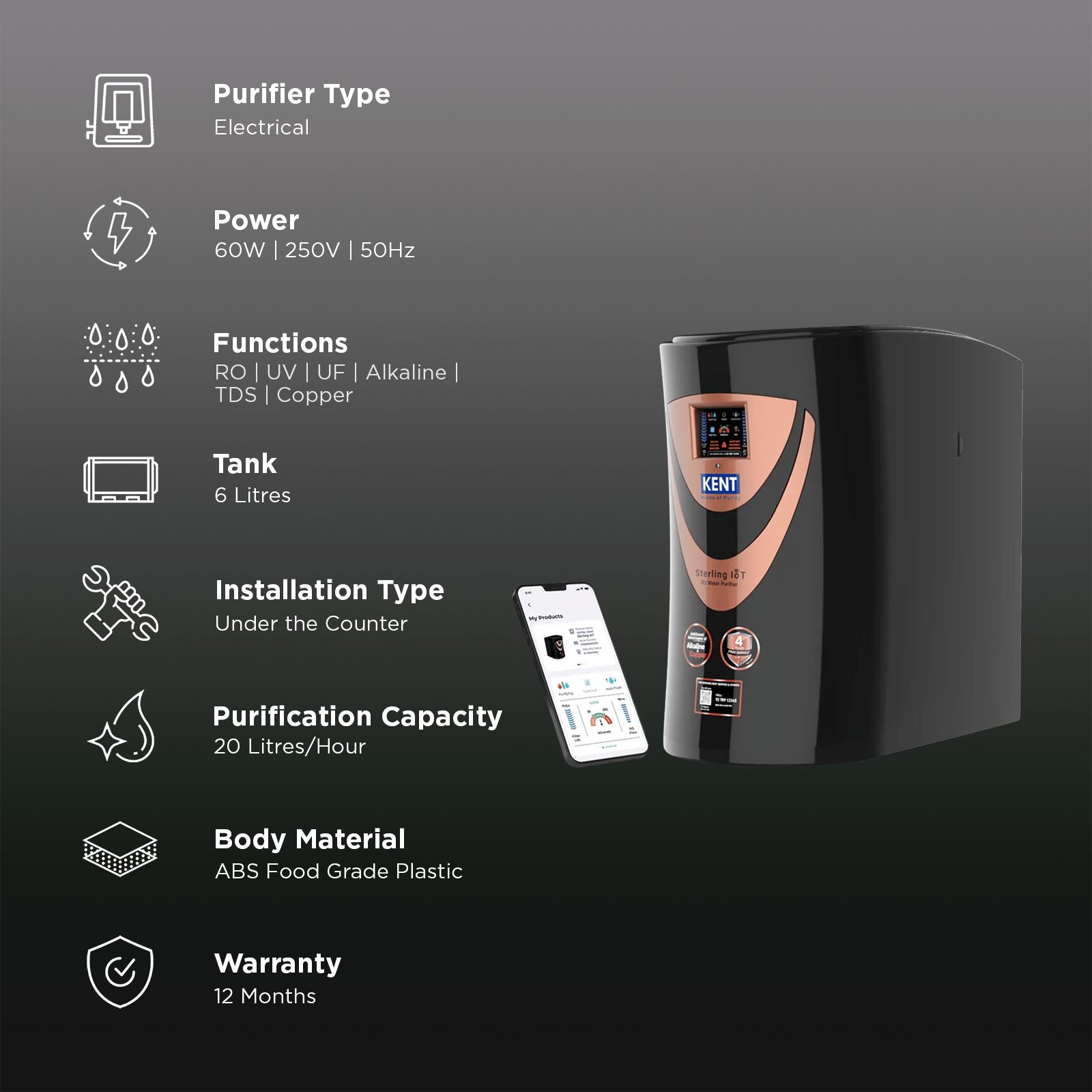 KENT Sterling 6L RO + UV + UF + Alkaline + Copper + TDS Control Water Purifier with Real Time Display of Water Quality & Filter Life (Black) KENT Sterling 6L RO + UV + UF + Alkaline + Copper + TDS Control Water Purifier with Real Time Display of Water Quality & Filter Life (Black)_3