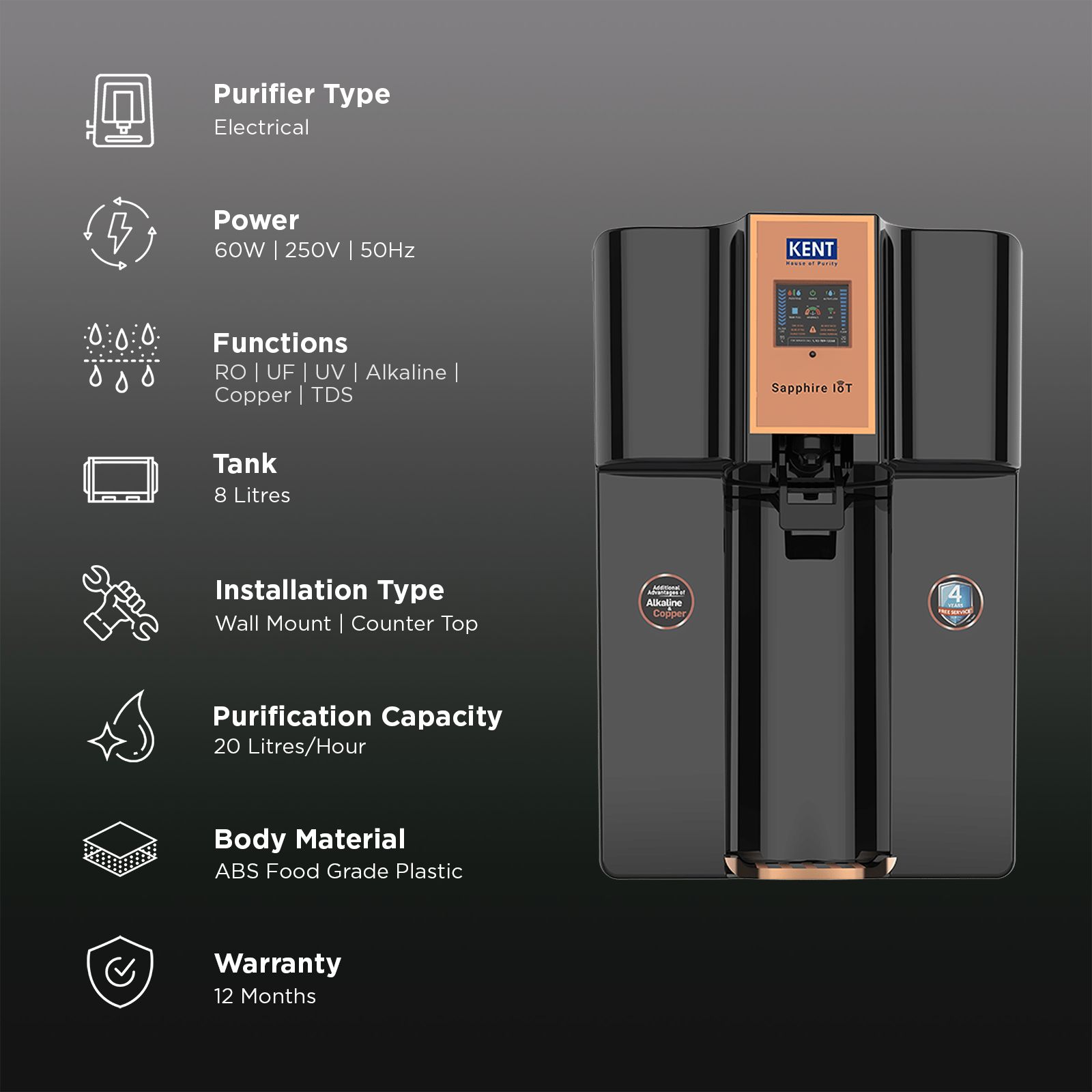 Kent Sapphire 8L RO + UV + UF + Alkaline + Copper + TDS Control Water Purifier with IoT Technology (Black) Kent Sapphire 8L RO + UV + UF + Alkaline + Copper + TDS Control Water Purifier with IoT Technology (Black)_3