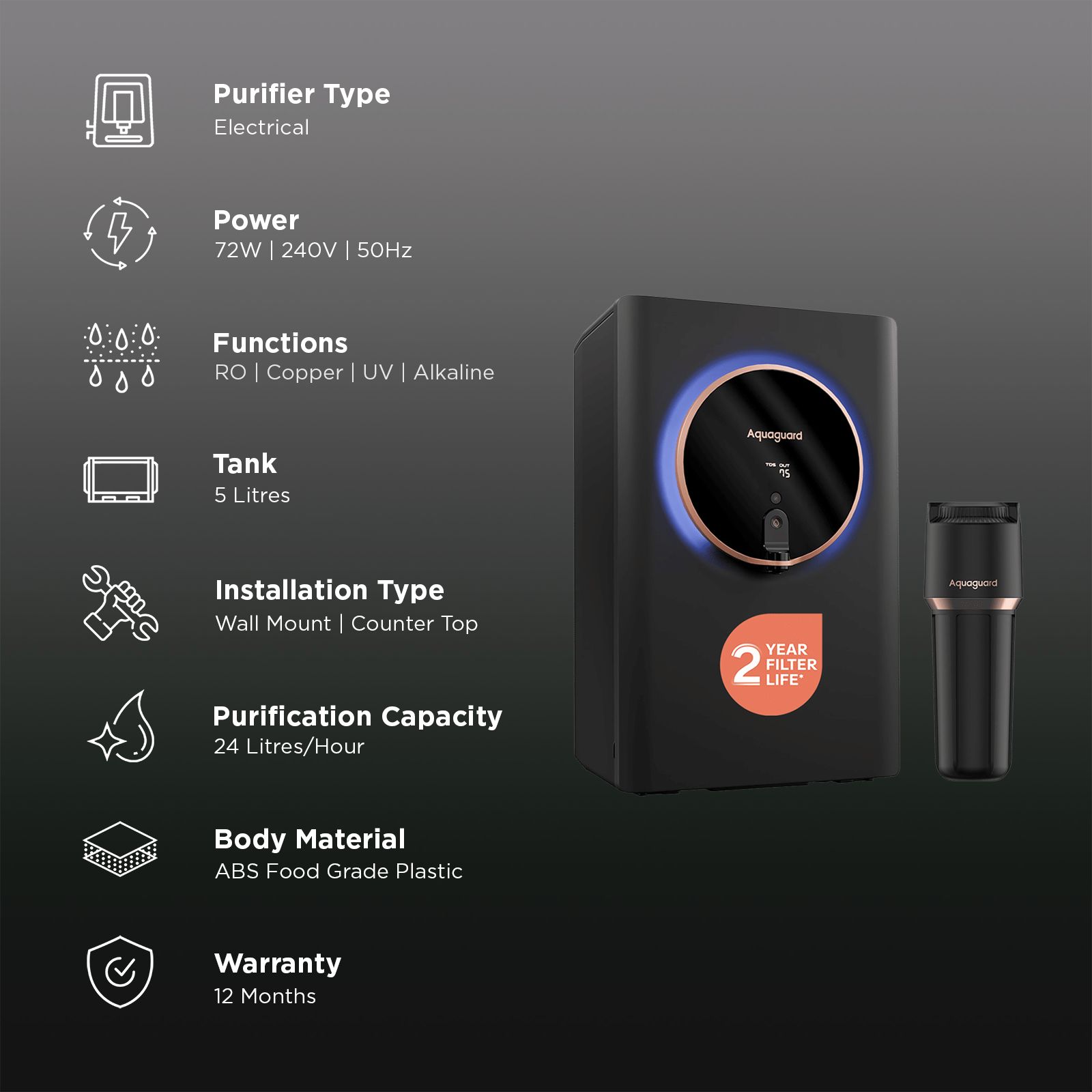 Aquaguard Aspire Halo 5L UV + RO + CU Alkaline Water Purifier with NanoPore Long-Life Filter Technology ( Black) Aquaguard Aspire Halo 5L UV + RO + CU Alkaline Water Purifier with NanoPore Long-Life Filter Technology ( Black)_3