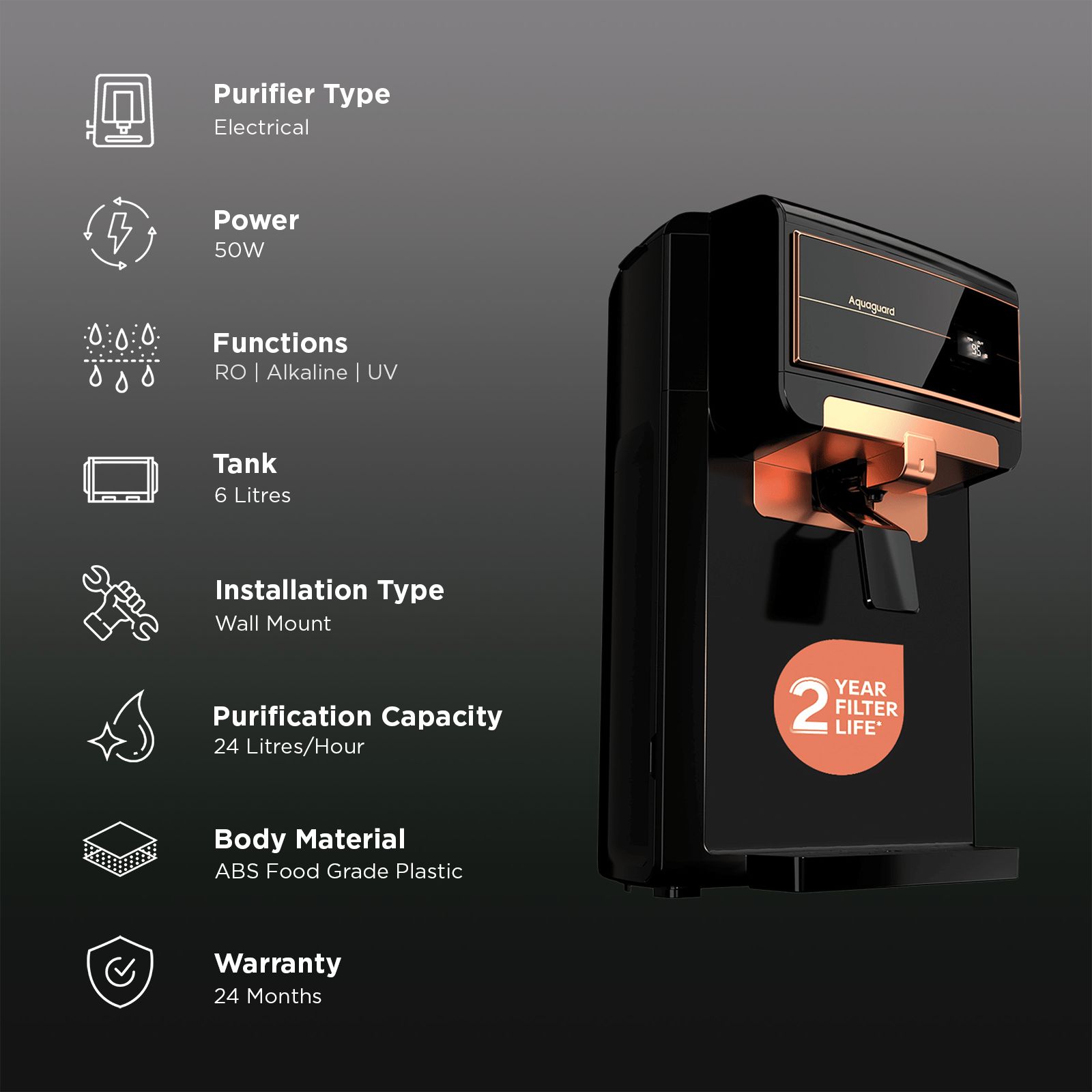 Aquaguard Enrich Senza 6L RO + UV + Alkaline Water Purifier with Auto Flush Technology (Black) Aquaguard Enrich Senza 6L RO + UV + Alkaline Water Purifier with Auto Flush Technology (Black)_3