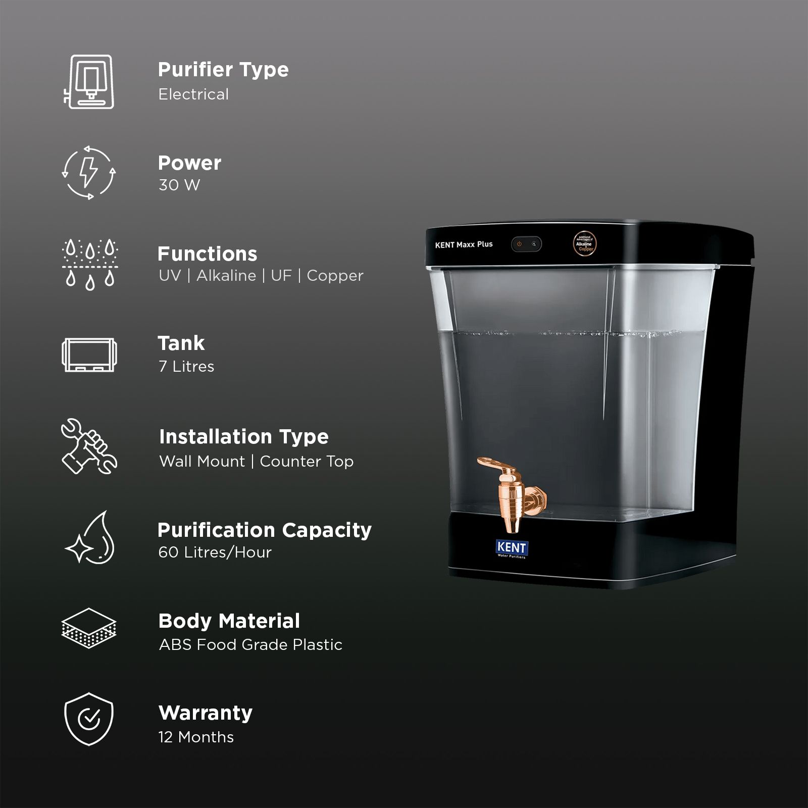 KENT Maxx Plus 7L UV + UF + Alkaline + Copper Water Purifier with Double Purification Technology (Black) KENT Maxx Plus 7L UV + UF + Alkaline + Copper Water Purifier with Double Purification Technology (Black)_3