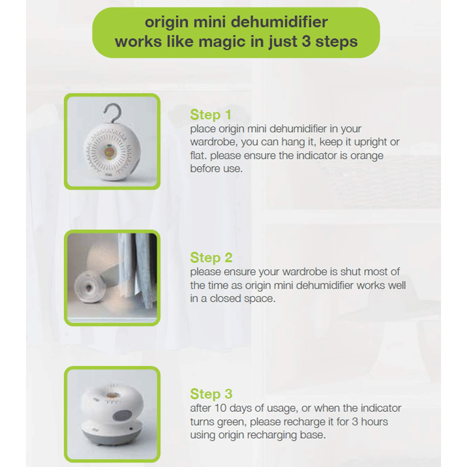 Origin OM1 Wardrobe, Study, Food Storage Cabinet, Safe & Car Mini Dehumidifier with Reduces Humidity (Compact & Cute Design, White)_6